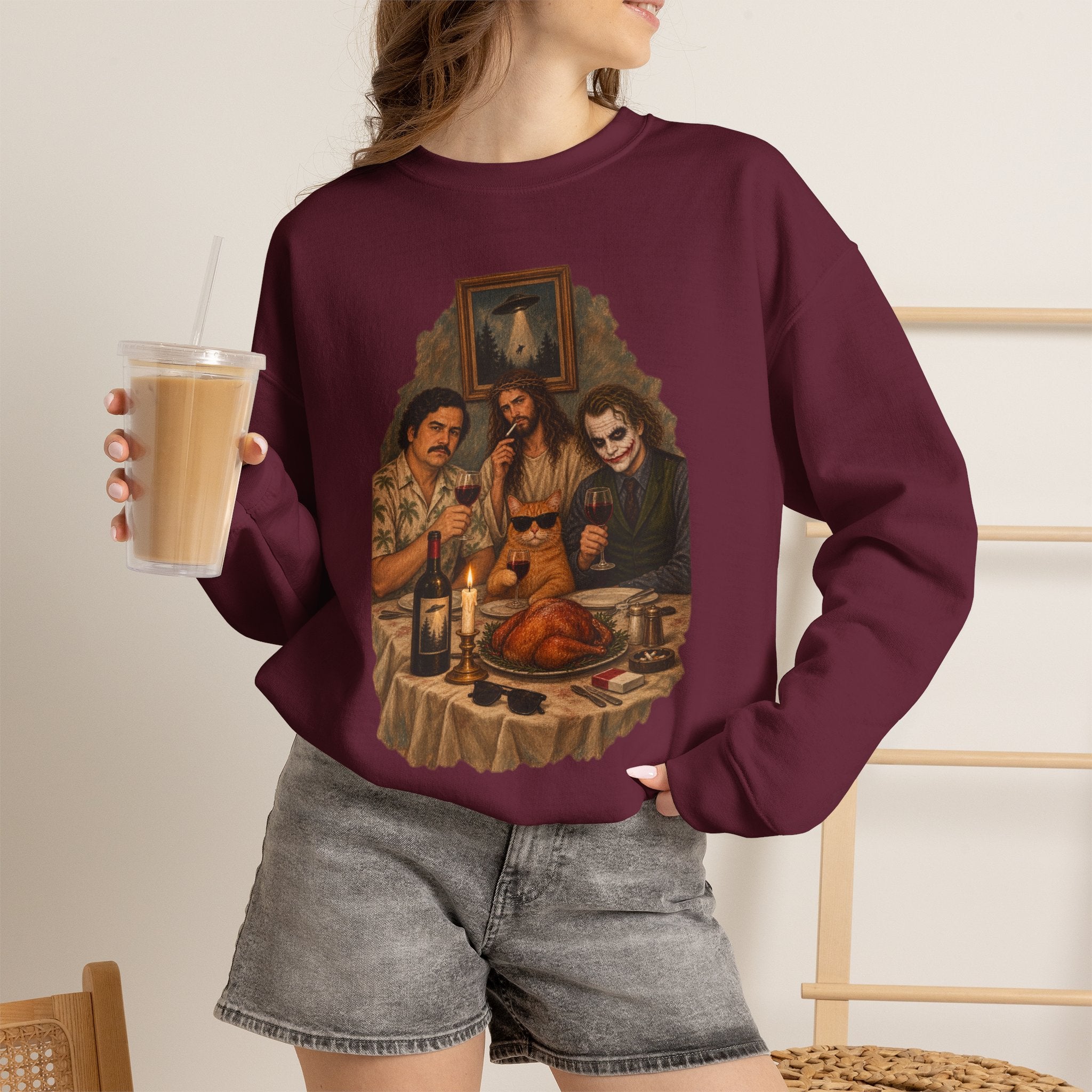 Crewneck Sweatshirt — Vintage Movie Villains Thanksgiving Dinner Graphic