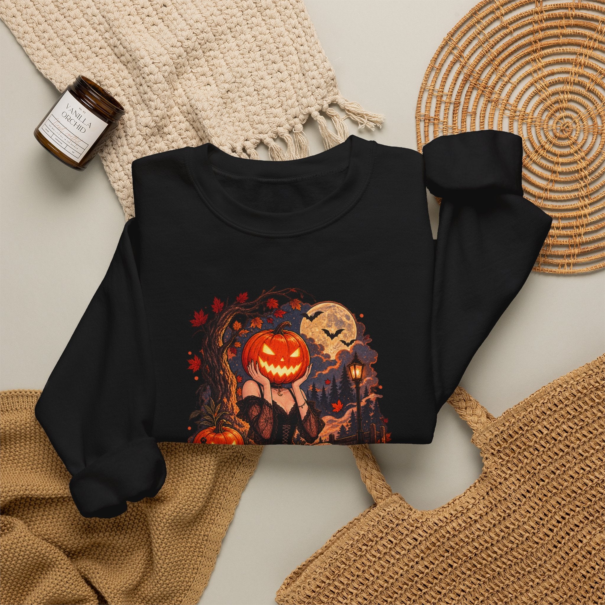 Halloween Pumpkin Girl Crewneck Sweatshirt — Spooky Autumn Graphic Sweatshirt