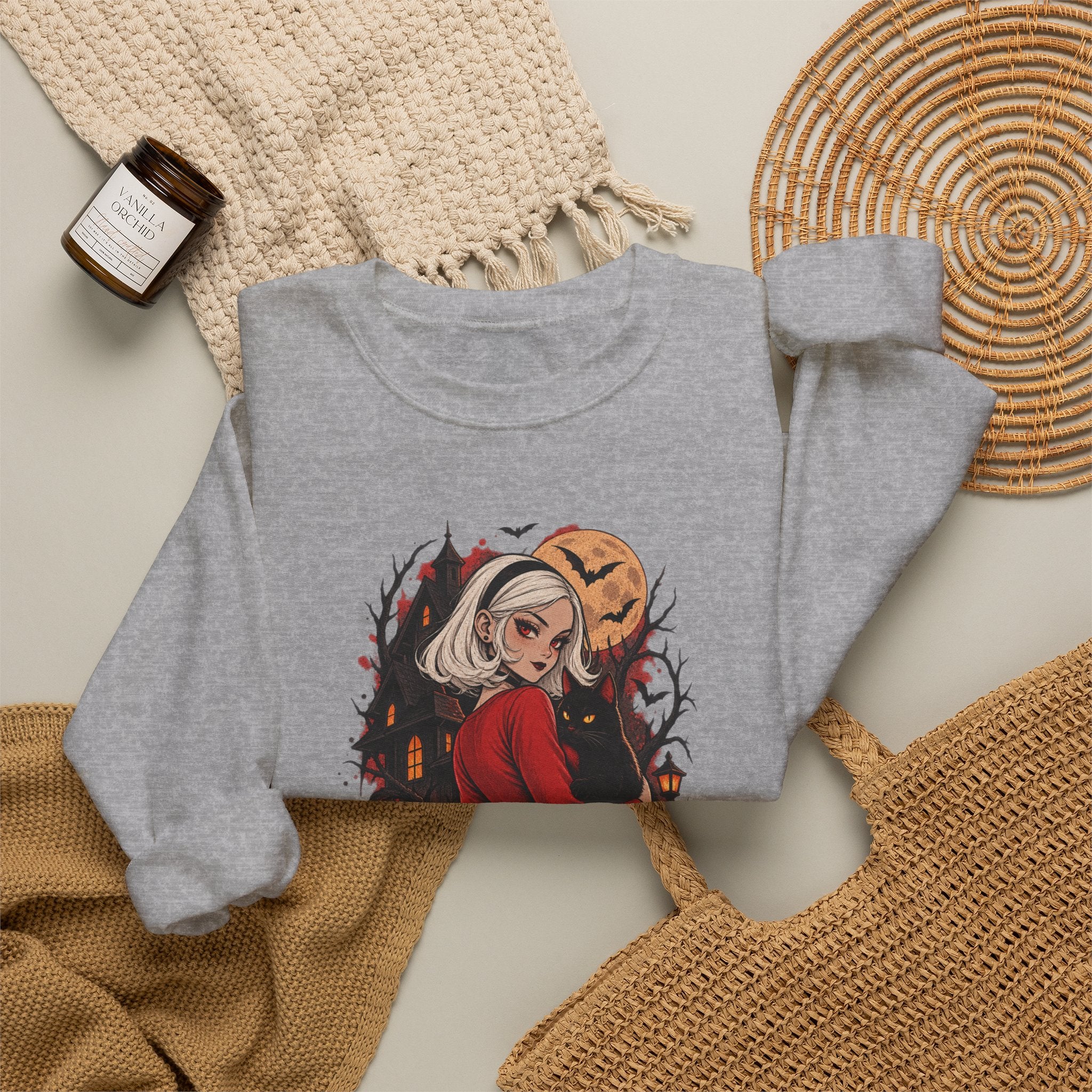 Halloween Pinup Crewneck Sweatshirt — Spooky Girl Pumpkin Design