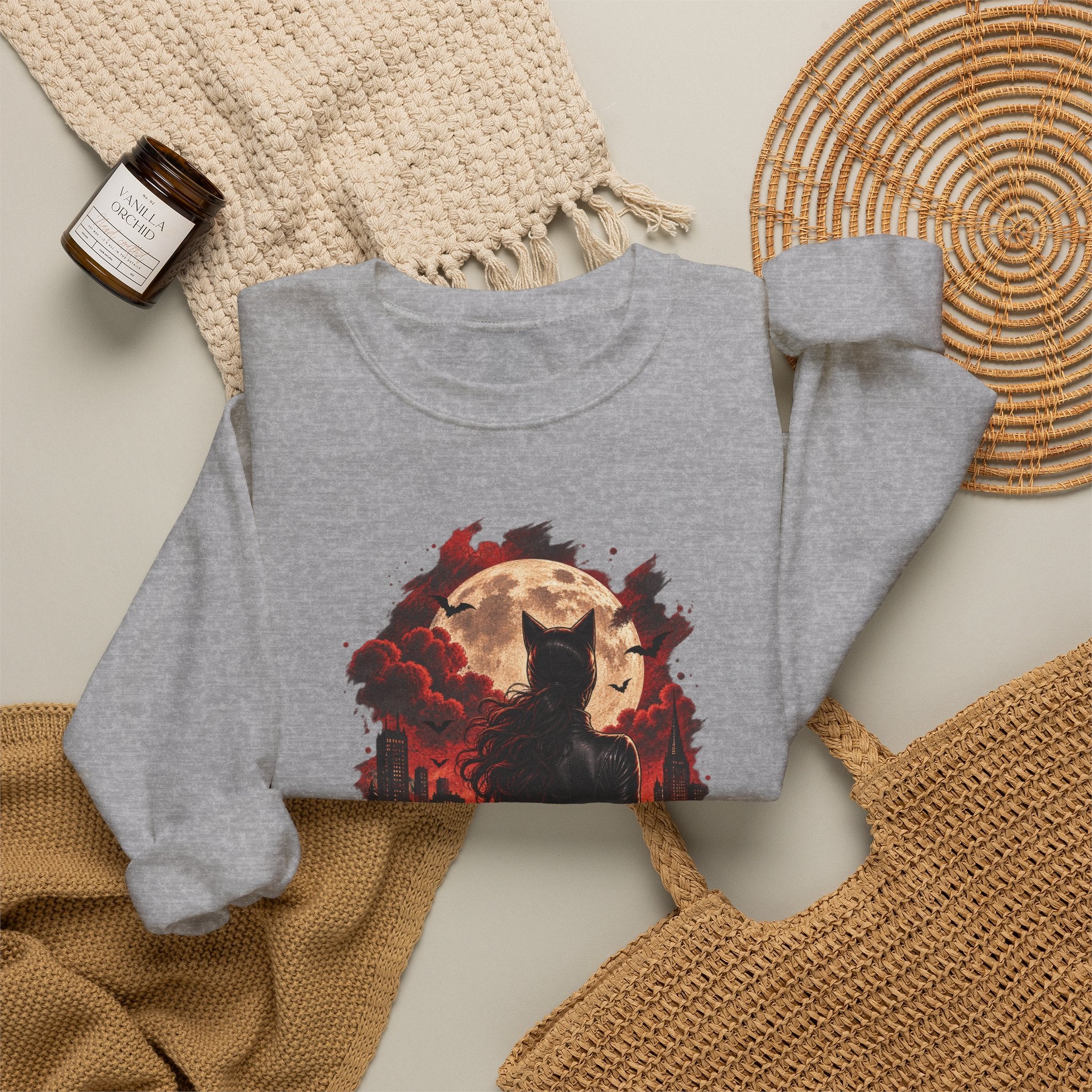 Black Cat Moon Crewneck Sweatshirt — Gothic Halloween Cat Graphic