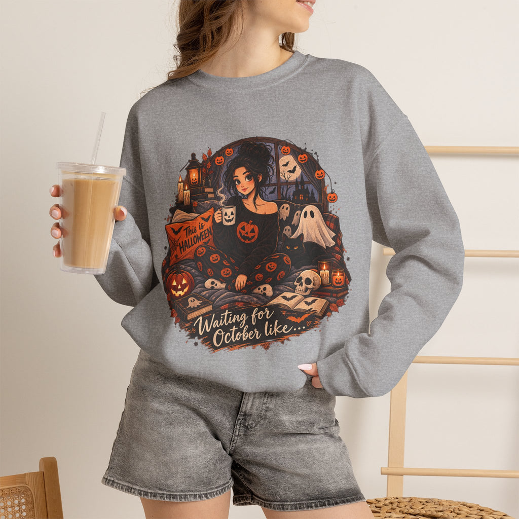 Halloween Cozy Crewneck Sweatshirt – "Waiting for October Like..." Gothic Pumpkin Design