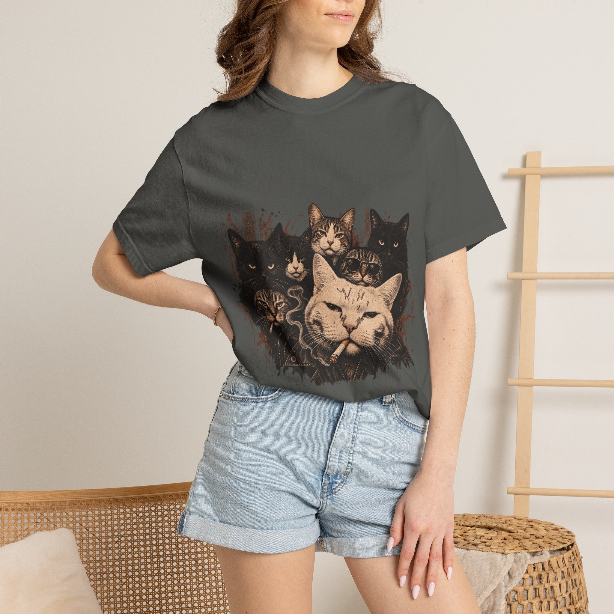 Cat Pack Garment-Dyed T-Shirt — Retro Cat Portraits Graphic Tee