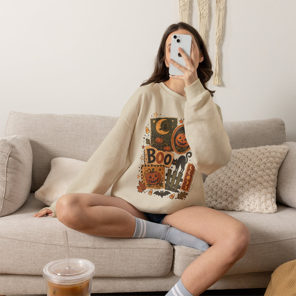 Halloween Vintage Patchwork Sweatshirt – 'Boo' Jack-o'-Lantern Crewneck