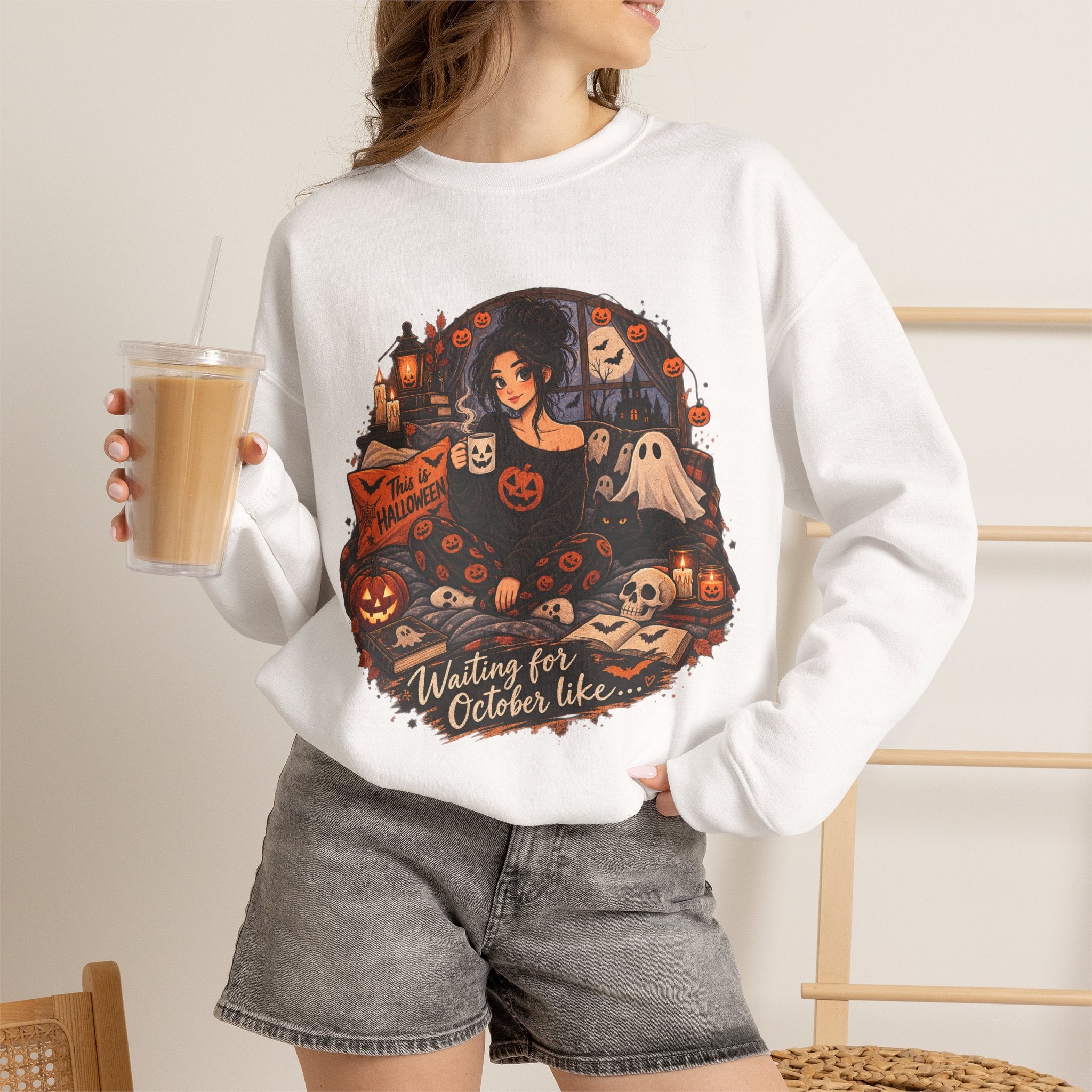 Halloween Cozy Crewneck Sweatshirt – "Waiting for October Like..." Gothic Pumpkin Design