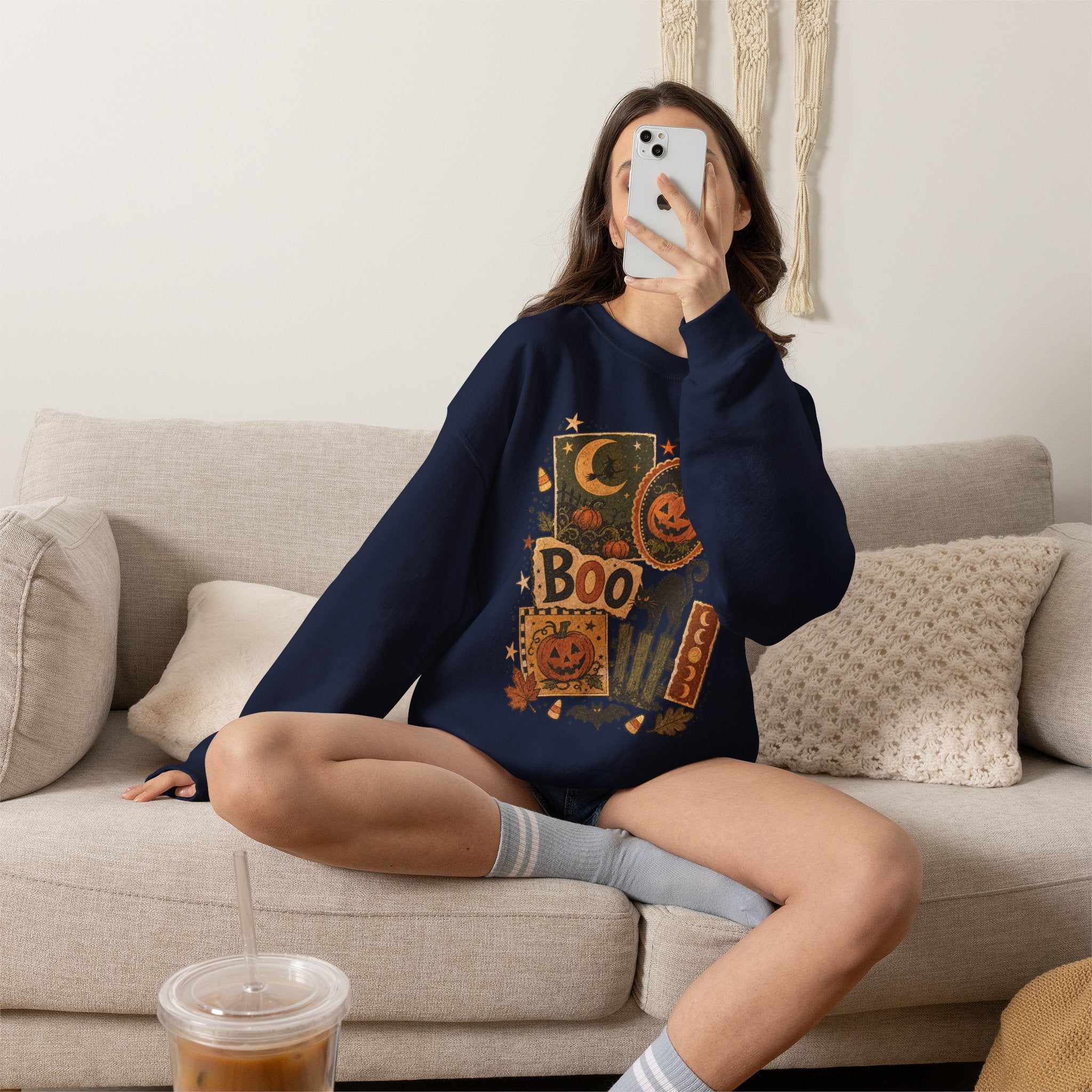 Halloween Vintage Patchwork Sweatshirt – 'Boo' Jack-o'-Lantern Crewneck