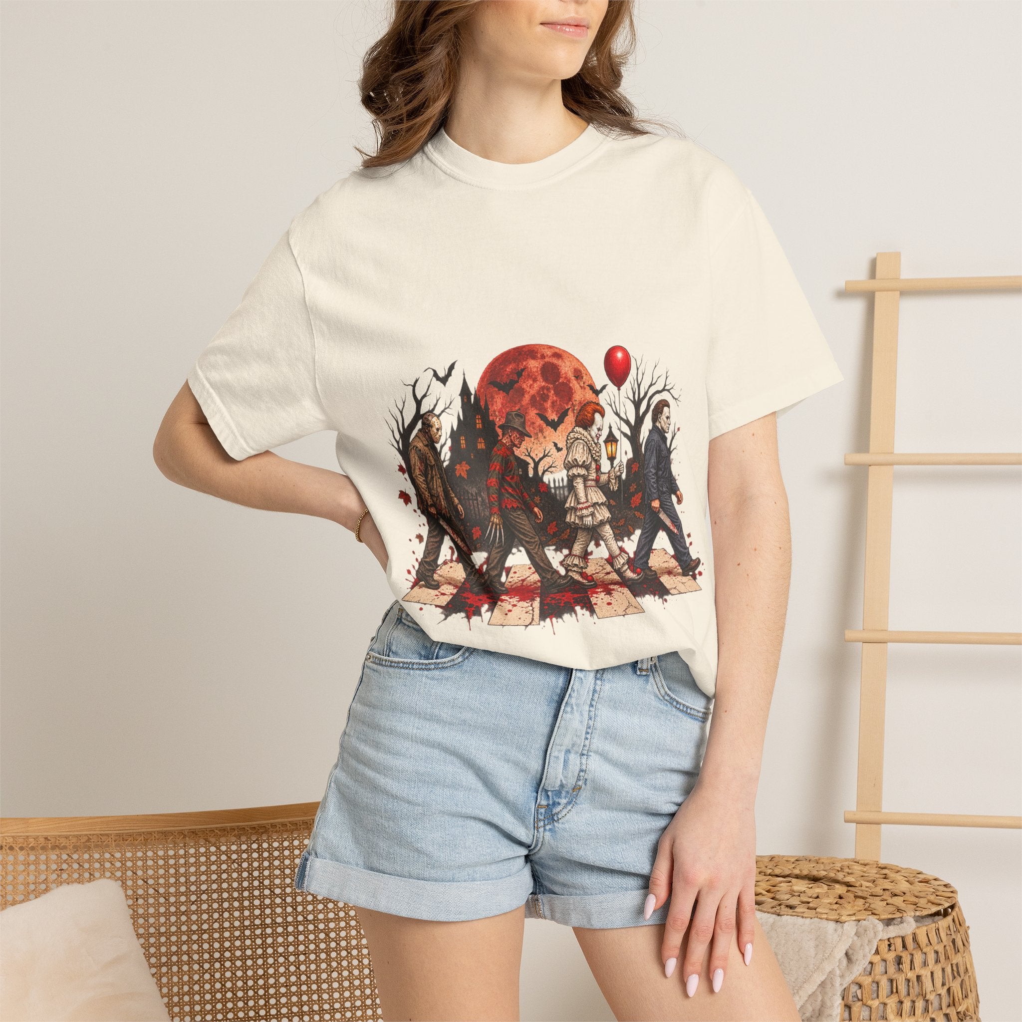 Horror Icons Crossing Graphic T-Shirt — Red Moon Pennywise & Slasher Mashup