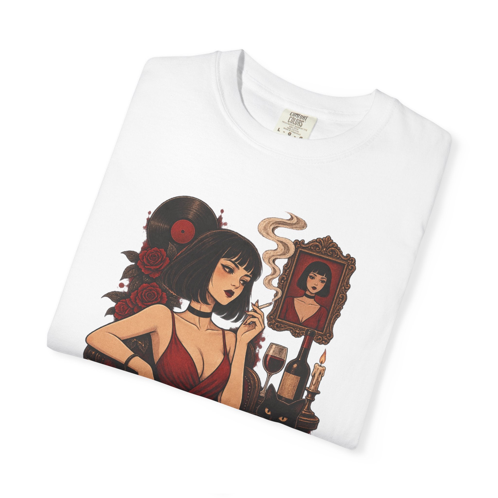 Vampy Noir Lady Graphic T-Shirt — Gothic Red Dress Illustration