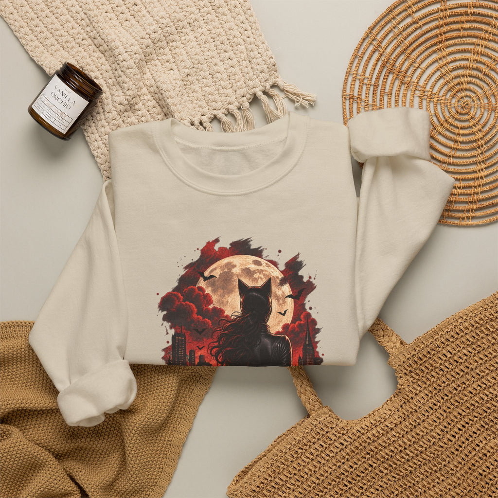 Black Cat Moon Crewneck Sweatshirt — Gothic Halloween Cat Graphic