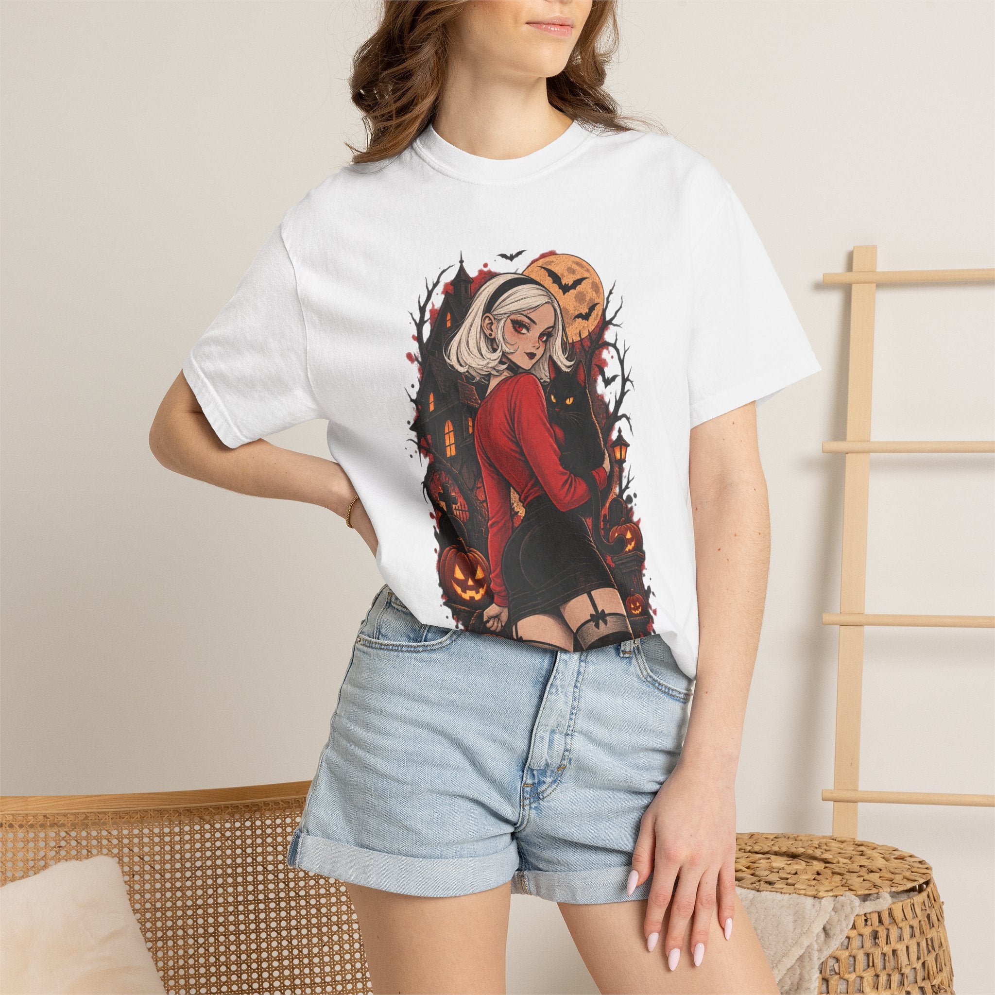 Halloween Pin-Up T-Shirt — Sexy Witch Girl with Jack-O'-Lanterns