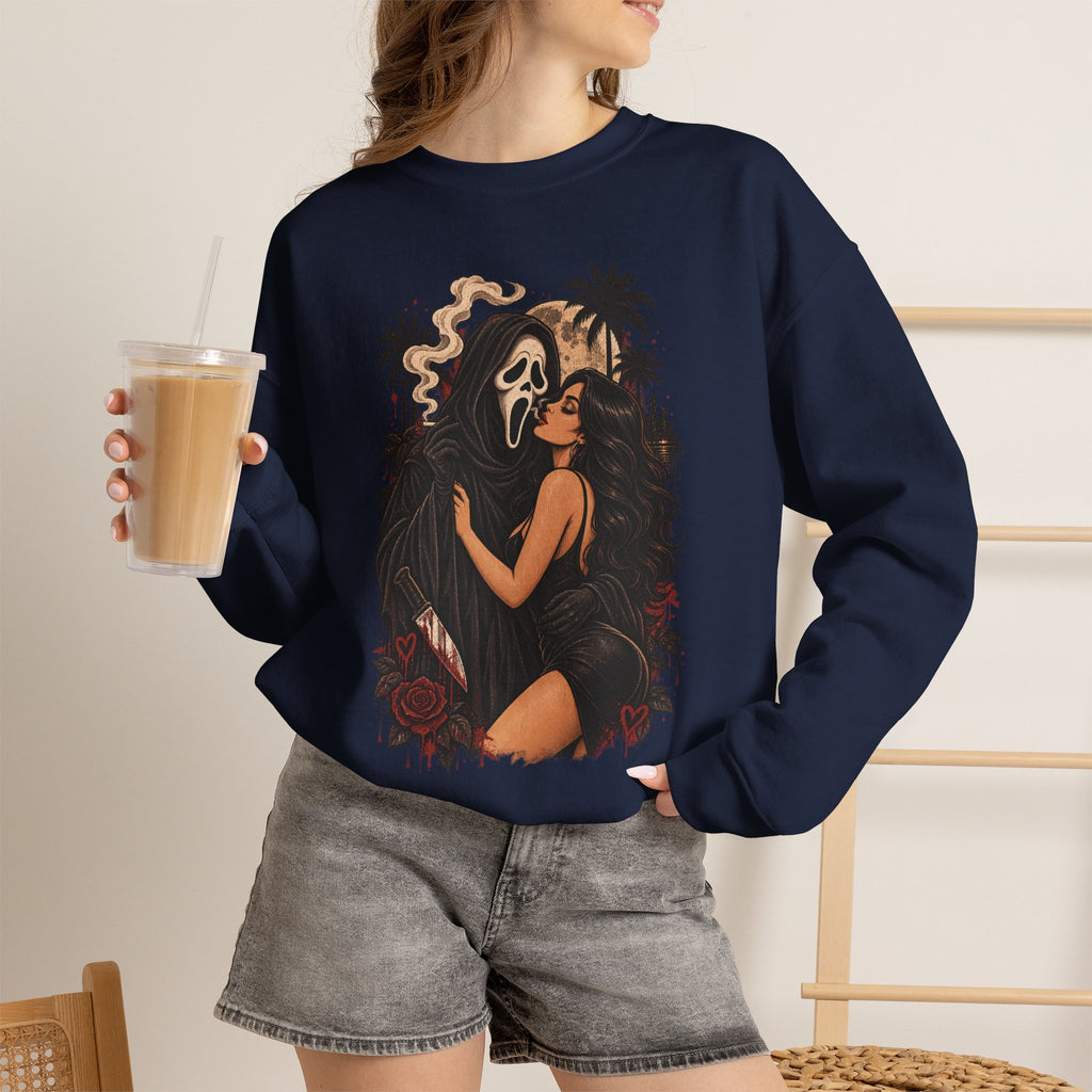 Horror Romance Crewneck Sweatshirt – Masked Ghost Embrace Graphic