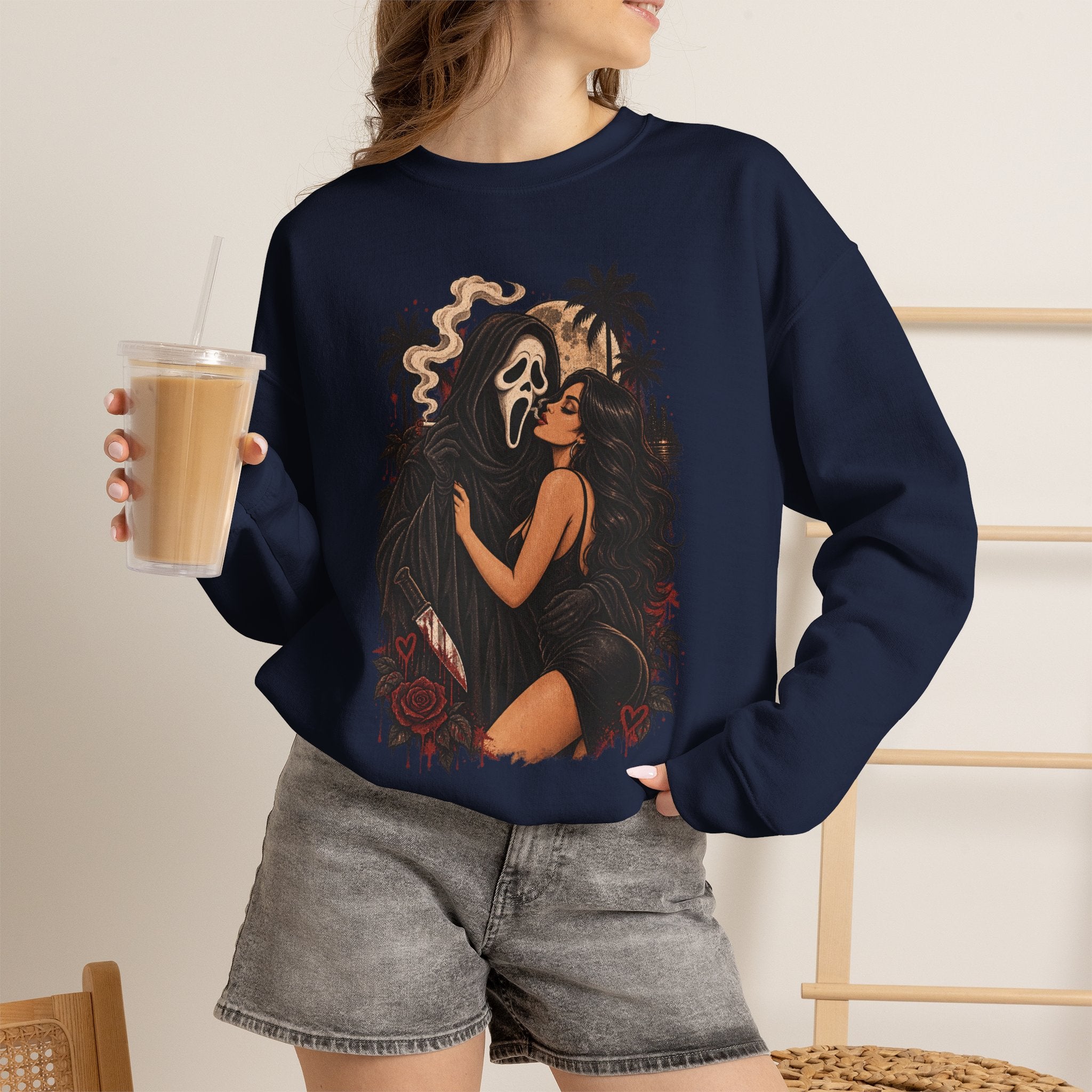 Horror Romance Crewneck Sweatshirt – Masked Ghost Embrace Graphic