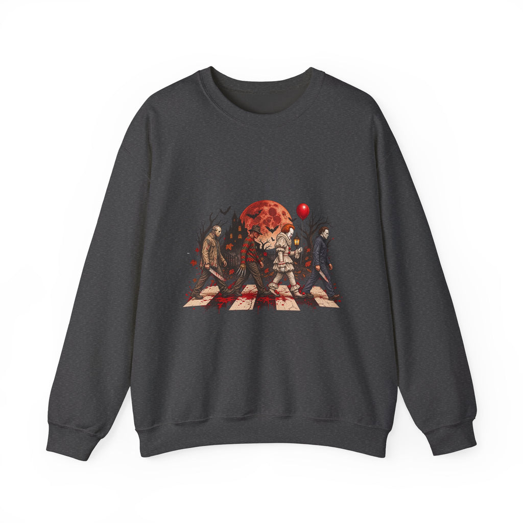 Horror Movie Icons Crewneck Sweatshirt — Pennywise, Jason & Slasher Silhouette Design
