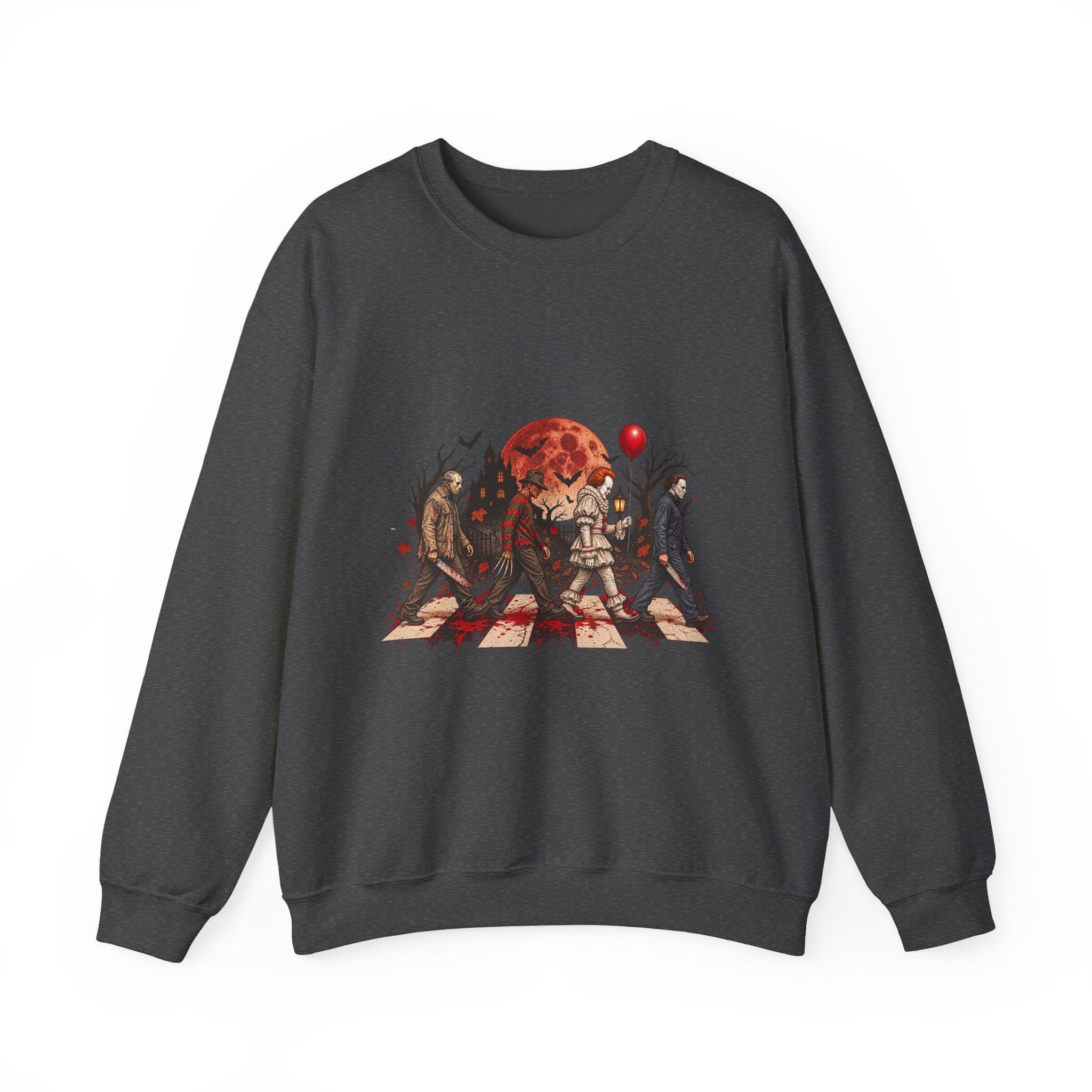 Horror Movie Icons Crewneck Sweatshirt — Pennywise, Jason & Slasher Silhouette Design