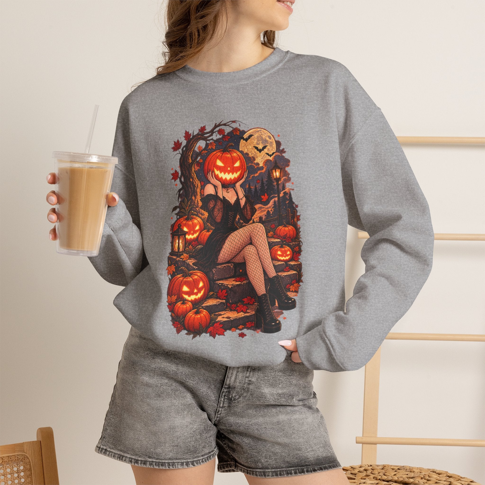 Halloween Pumpkin Girl Crewneck Sweatshirt — Spooky Autumn Graphic Sweatshirt