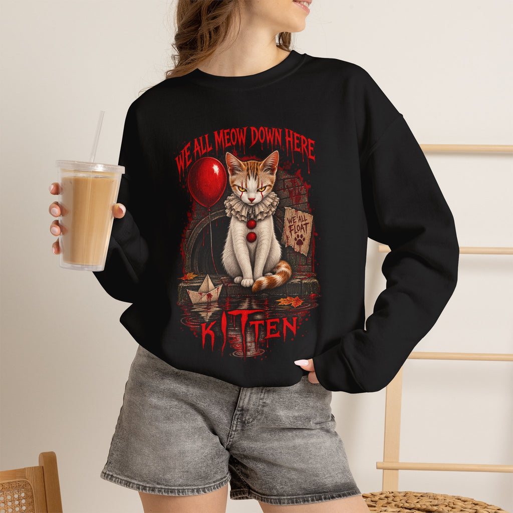 Horror Cat Crewneck Sweatshirt — "Kitten" Creepy Balloon Graphic