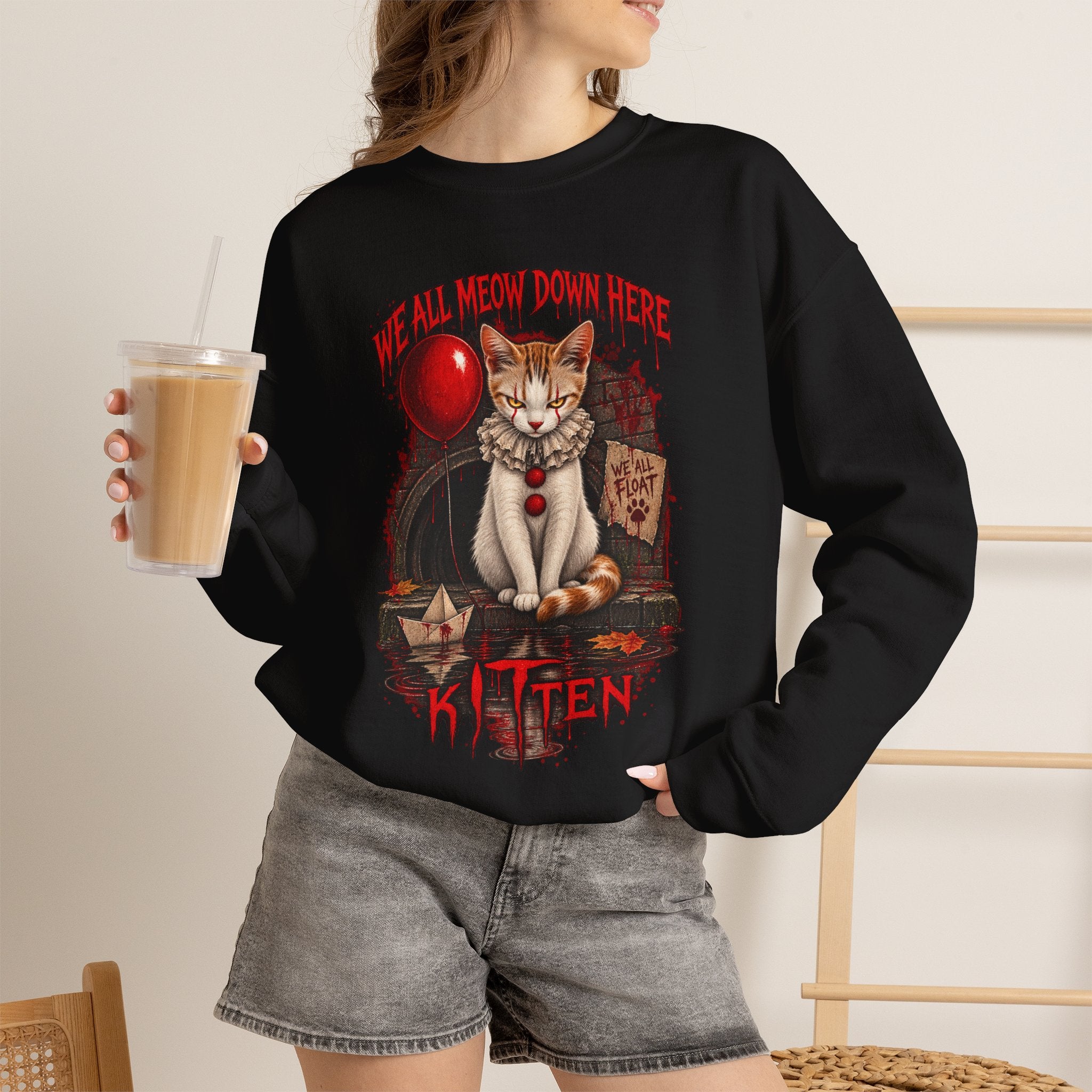 Horror Cat Crewneck Sweatshirt — "Kitten" Creepy Balloon Graphic