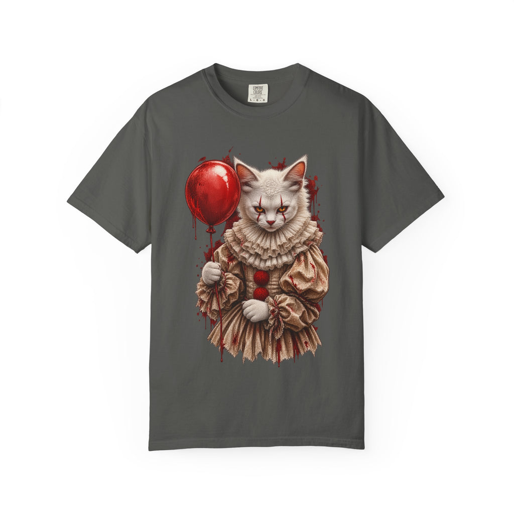 Horror Clown Cat T-Shirt — Creepy Victorian Cat with Red Balloon