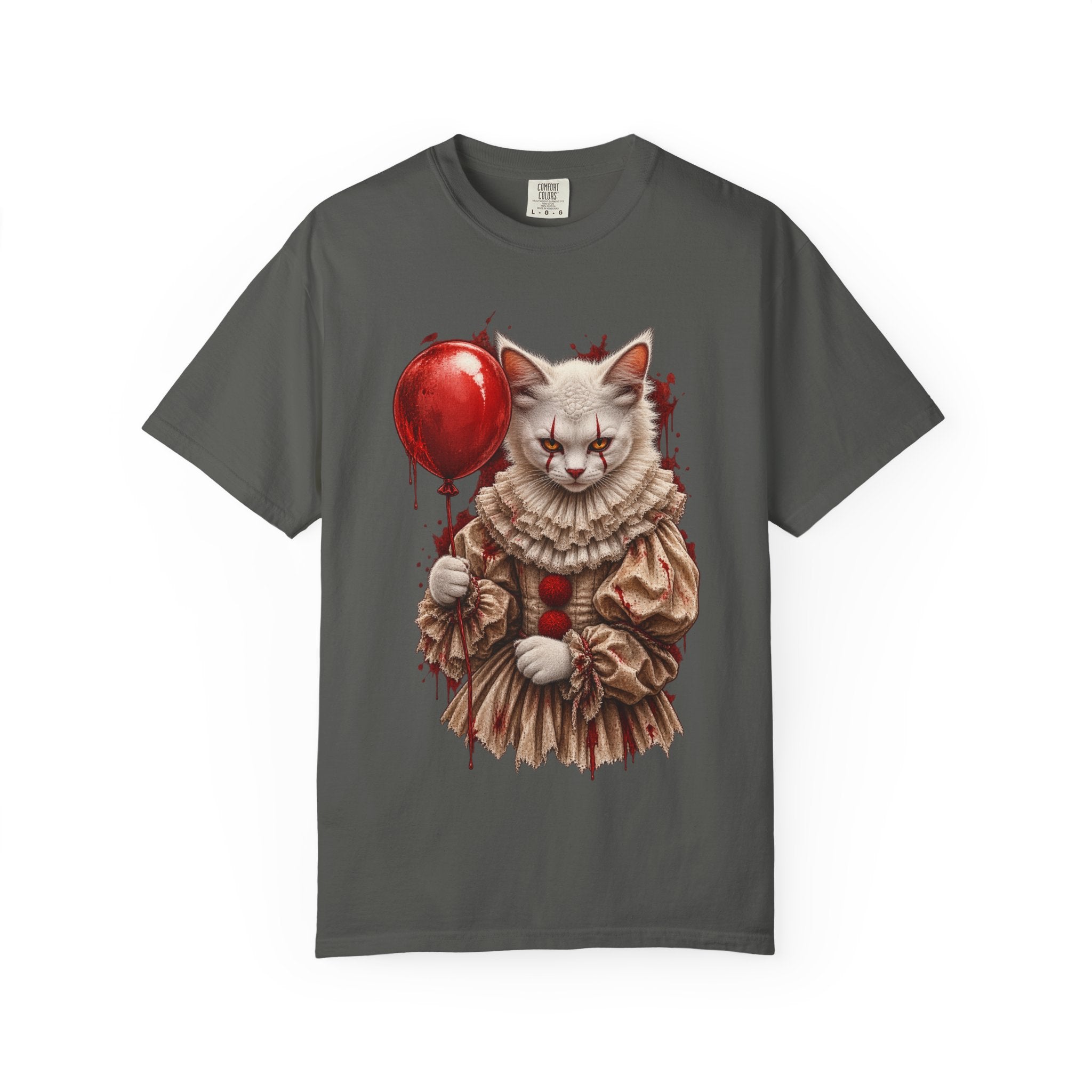 Horror Clown Cat T-Shirt — Creepy Victorian Cat with Red Balloon