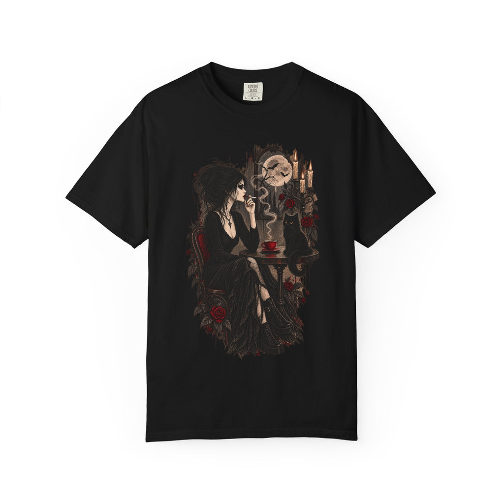 Witchy Tea Time T-Shirt — Gothic Woman with Moon & Candles Art