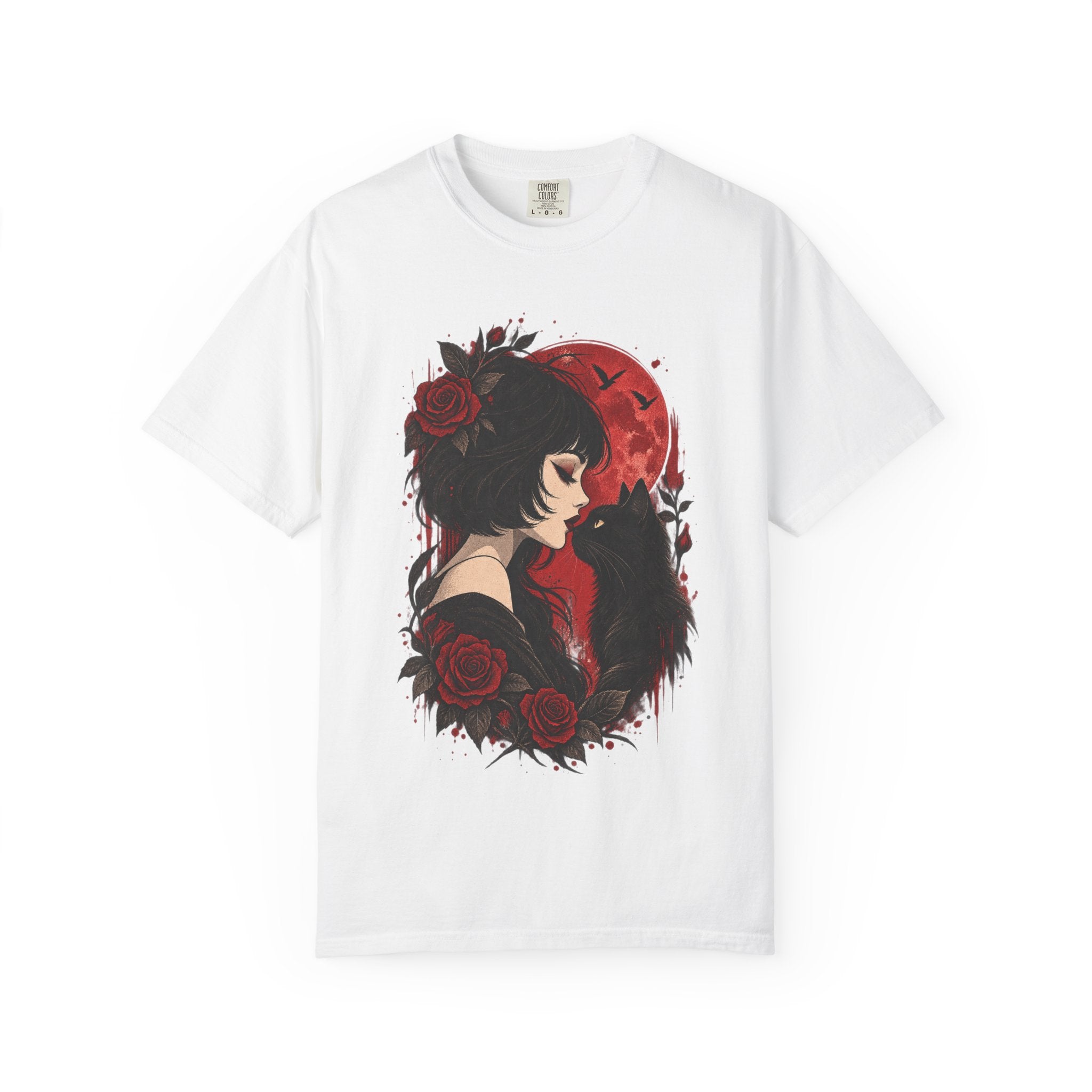 Gothic Girl & Black Cat T‑Shirt — Red Moon Rose Illustration