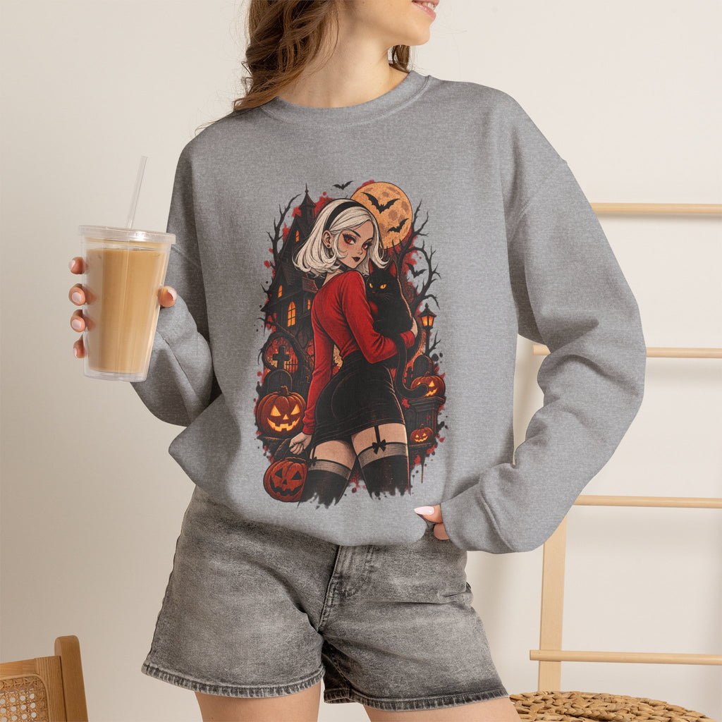 Halloween Pinup Crewneck Sweatshirt — Spooky Girl Pumpkin Design