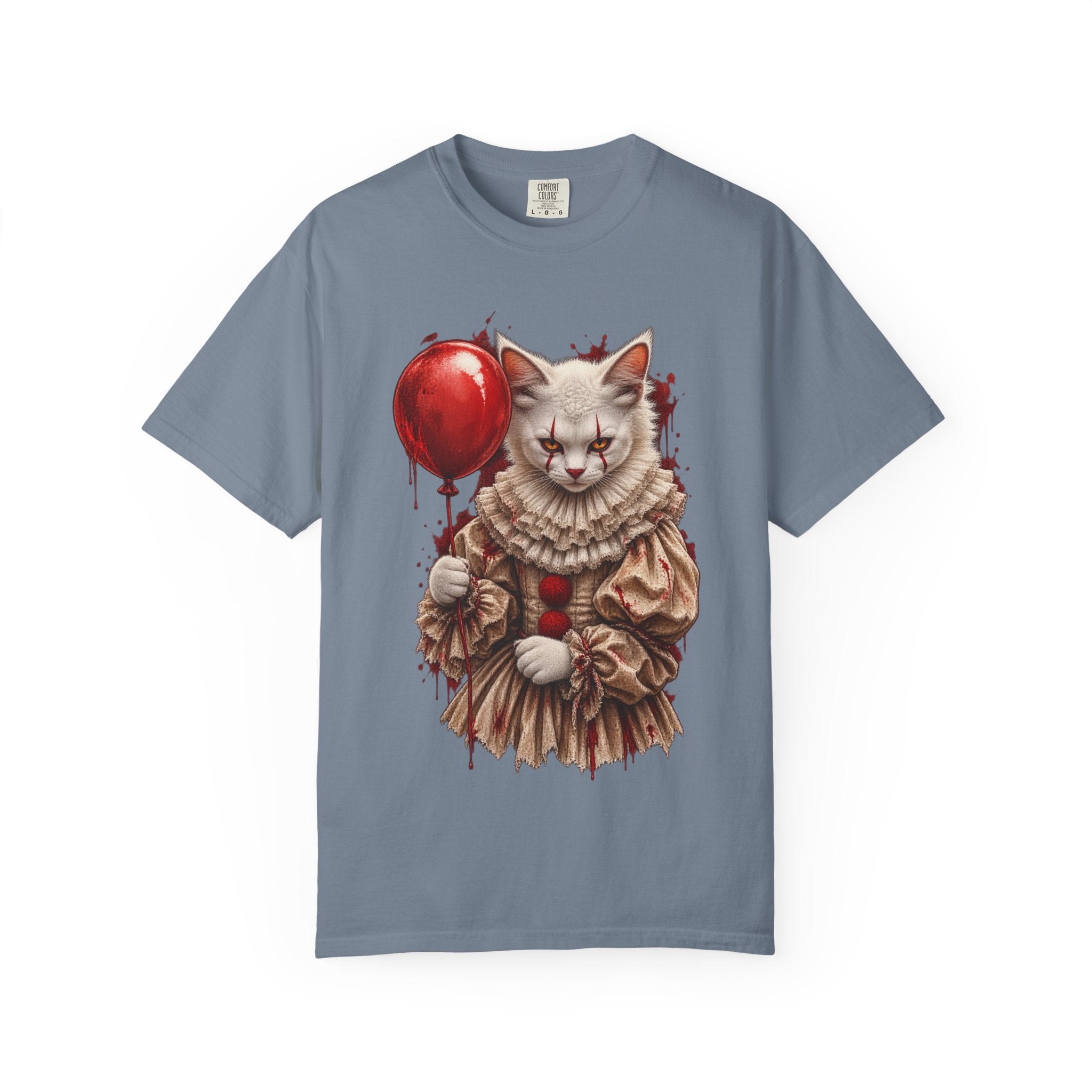 Horror Clown Cat T-Shirt — Creepy Victorian Cat with Red Balloon