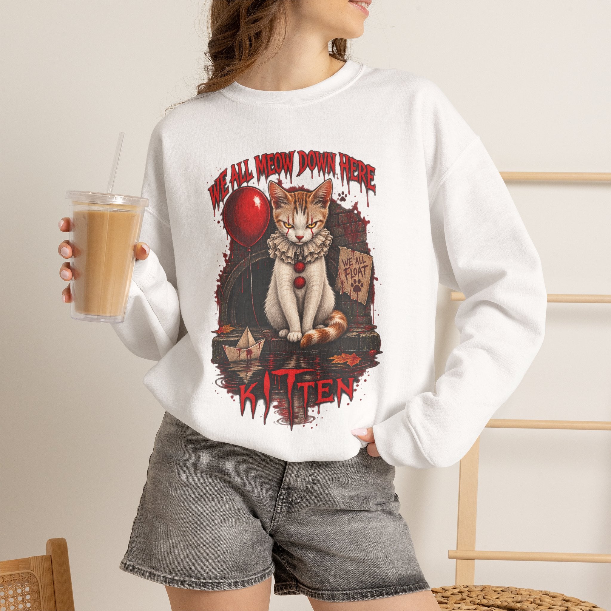 Horror Cat Crewneck Sweatshirt — "Kitten" Creepy Balloon Graphic