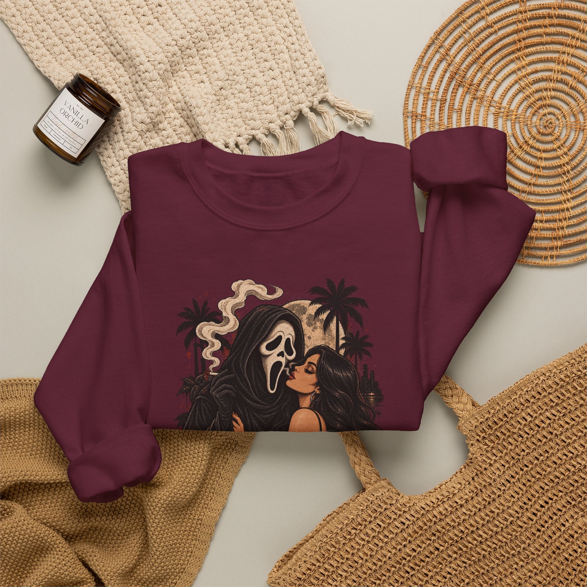 Horror Romance Crewneck Sweatshirt – Masked Ghost Embrace Graphic