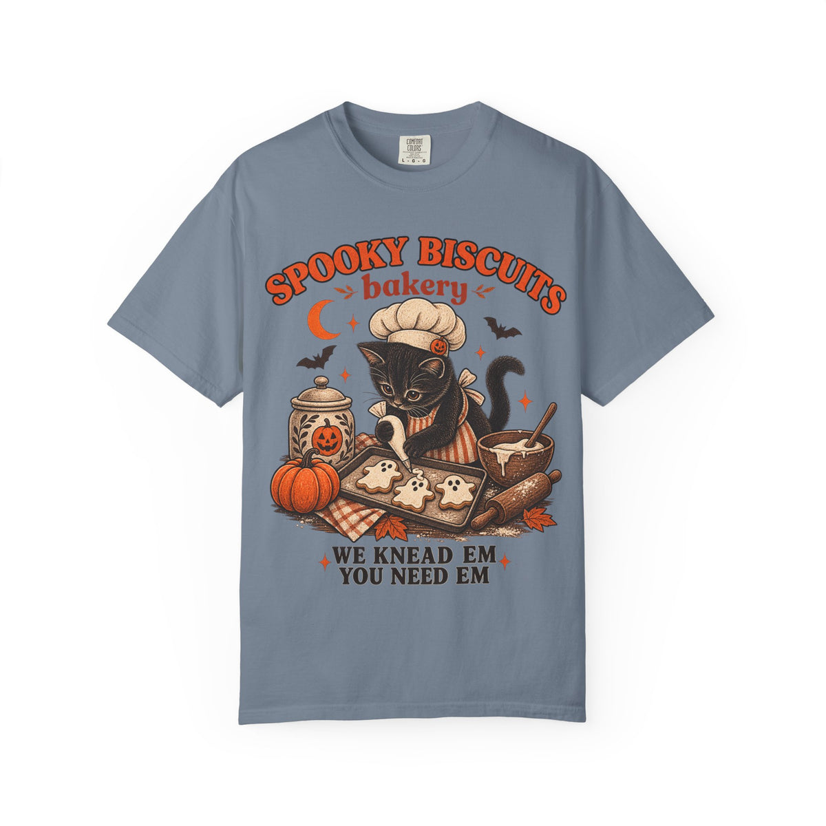 Spooky Biscuits Bakery T-Shirt — Halloween Black Cat Baking Tee (“We Knead ’Em, You Need ’Em”)