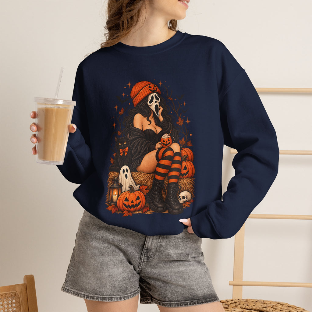 Halloween Crewneck Sweatshirt — Cozy Gothic Pumpkin & Skull Design