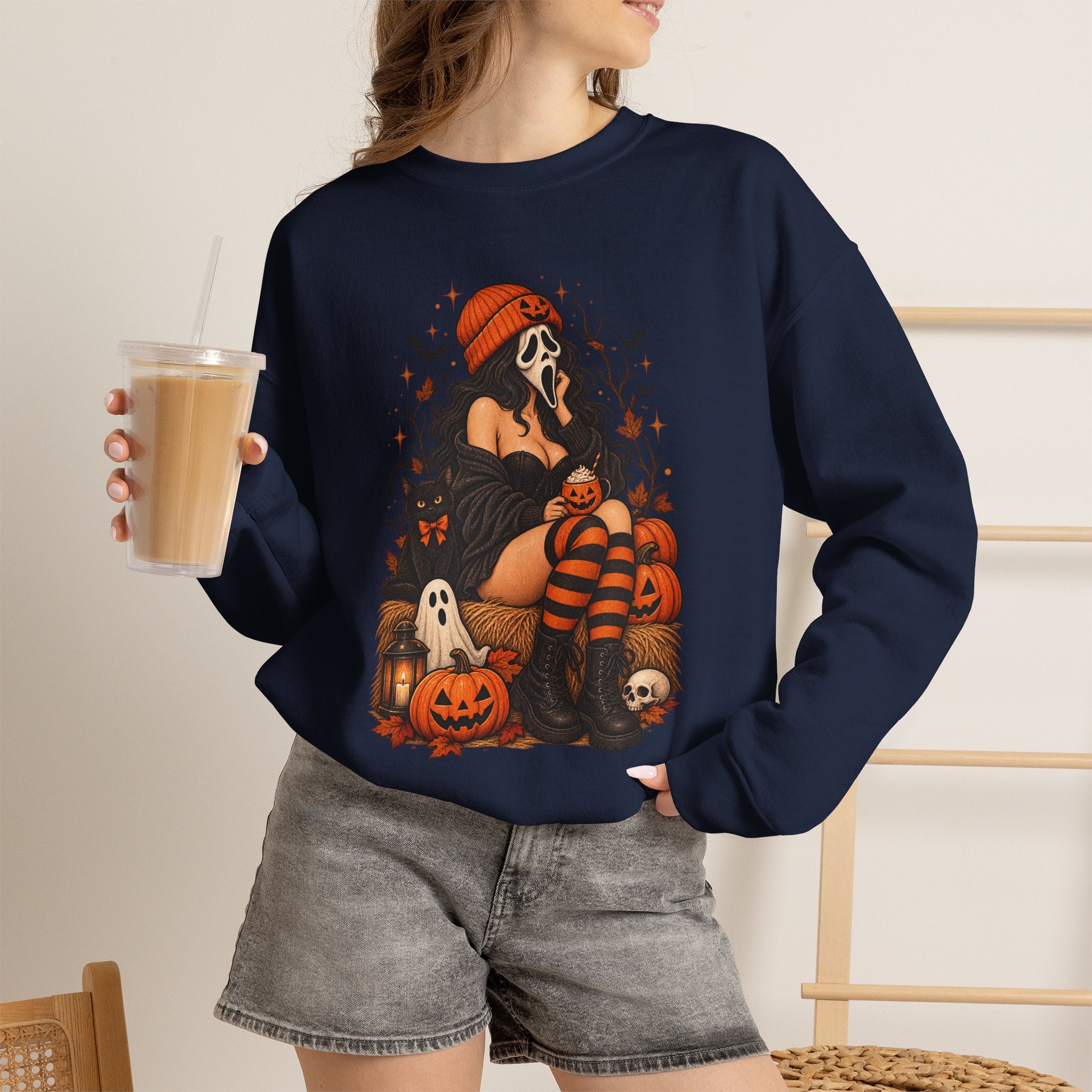 Halloween Crewneck Sweatshirt — Cozy Gothic Pumpkin & Skull Design