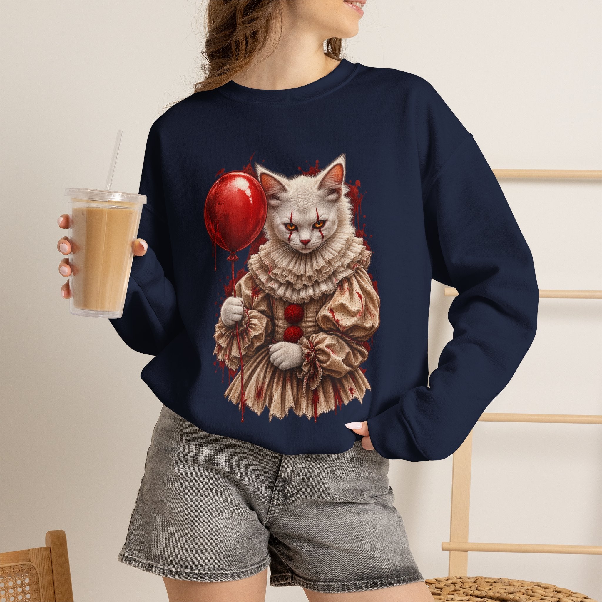 Cat Clown Crewneck Sweatshirt — Creepy Cat Holding Red Balloon Halloween Pullover