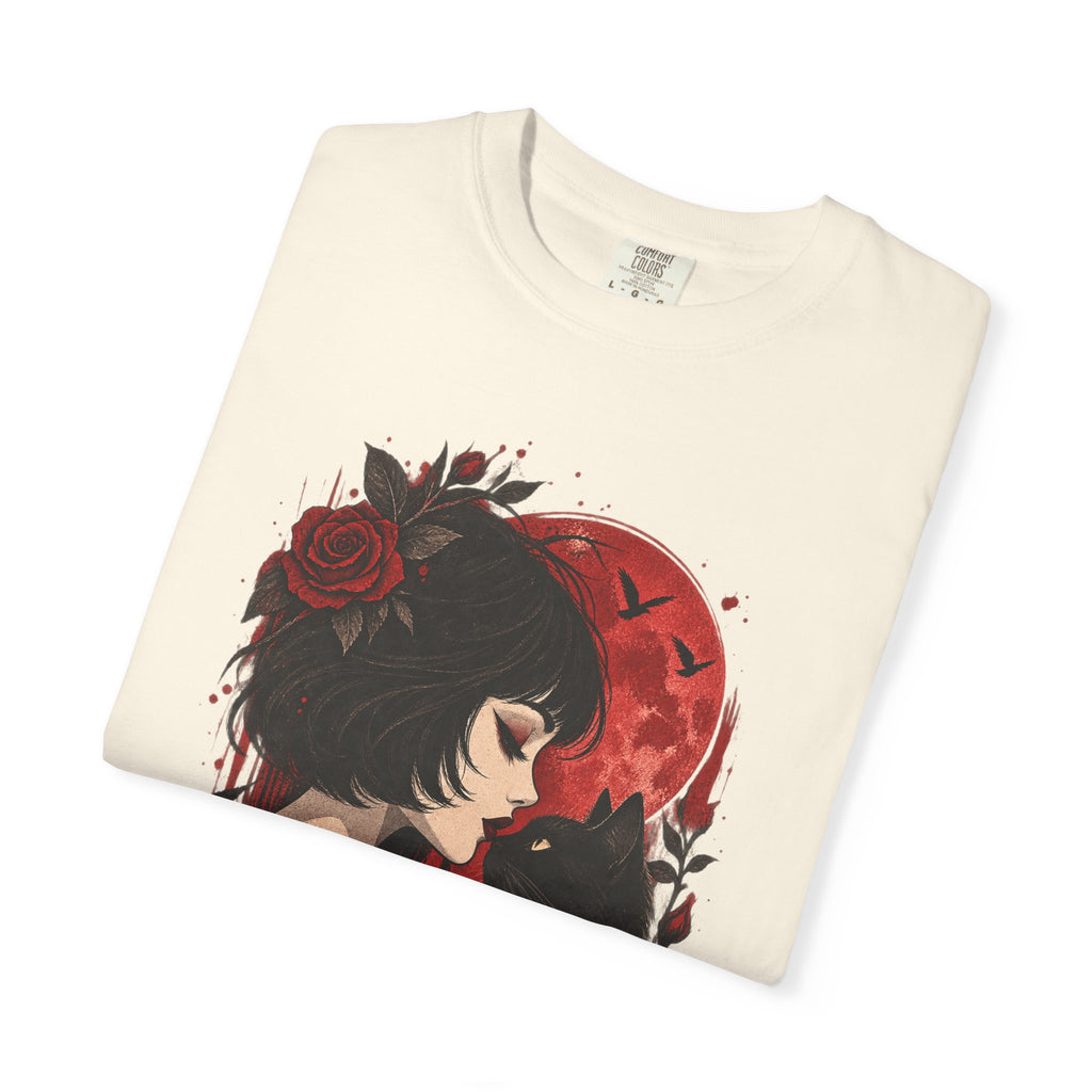 Gothic Girl & Black Cat T‑Shirt — Red Moon Rose Illustration