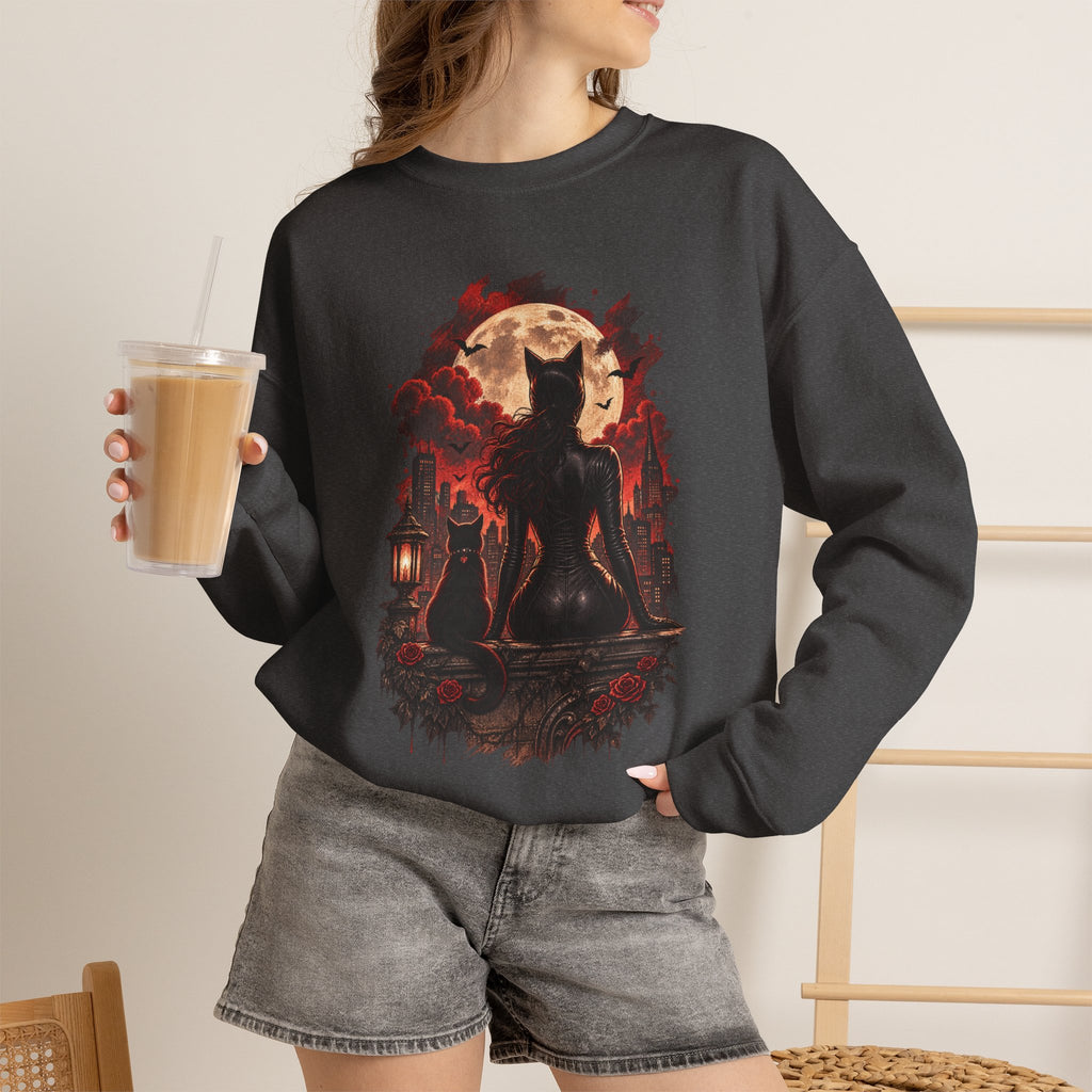 Black Cat Moon Crewneck Sweatshirt — Gothic Halloween Cat Graphic