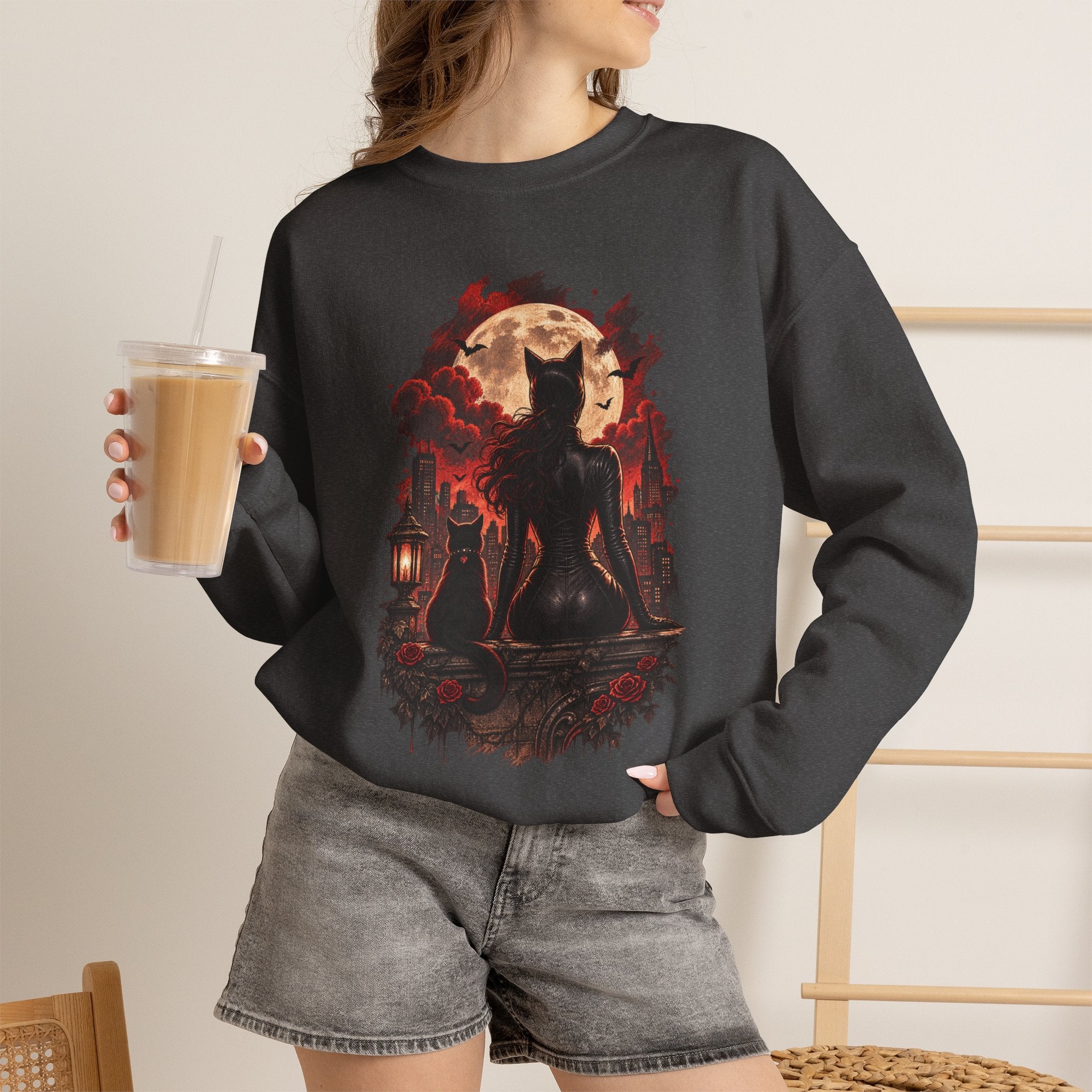 Black Cat Moon Crewneck Sweatshirt — Gothic Halloween Cat Graphic
