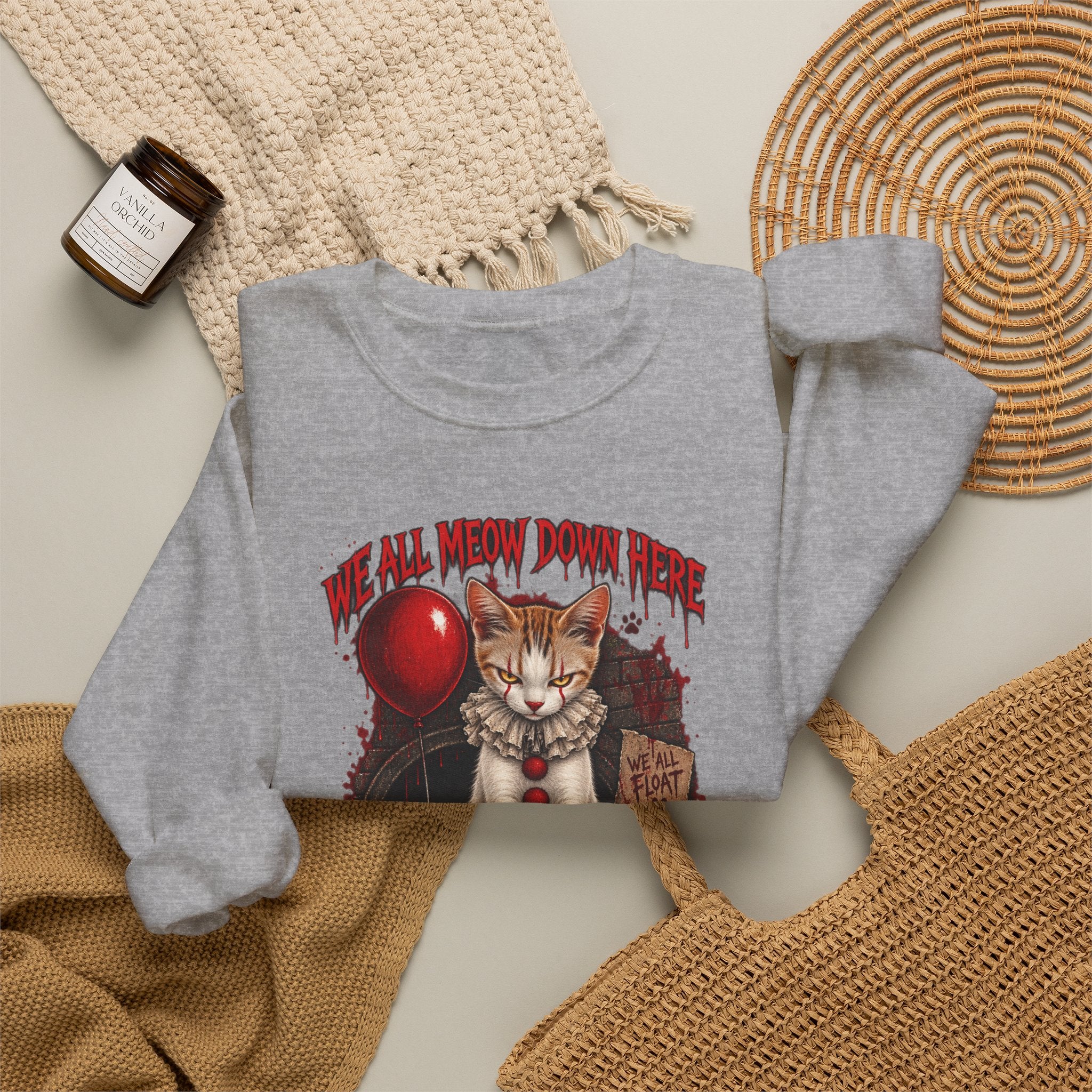 Horror Cat Crewneck Sweatshirt — "Kitten" Creepy Balloon Graphic