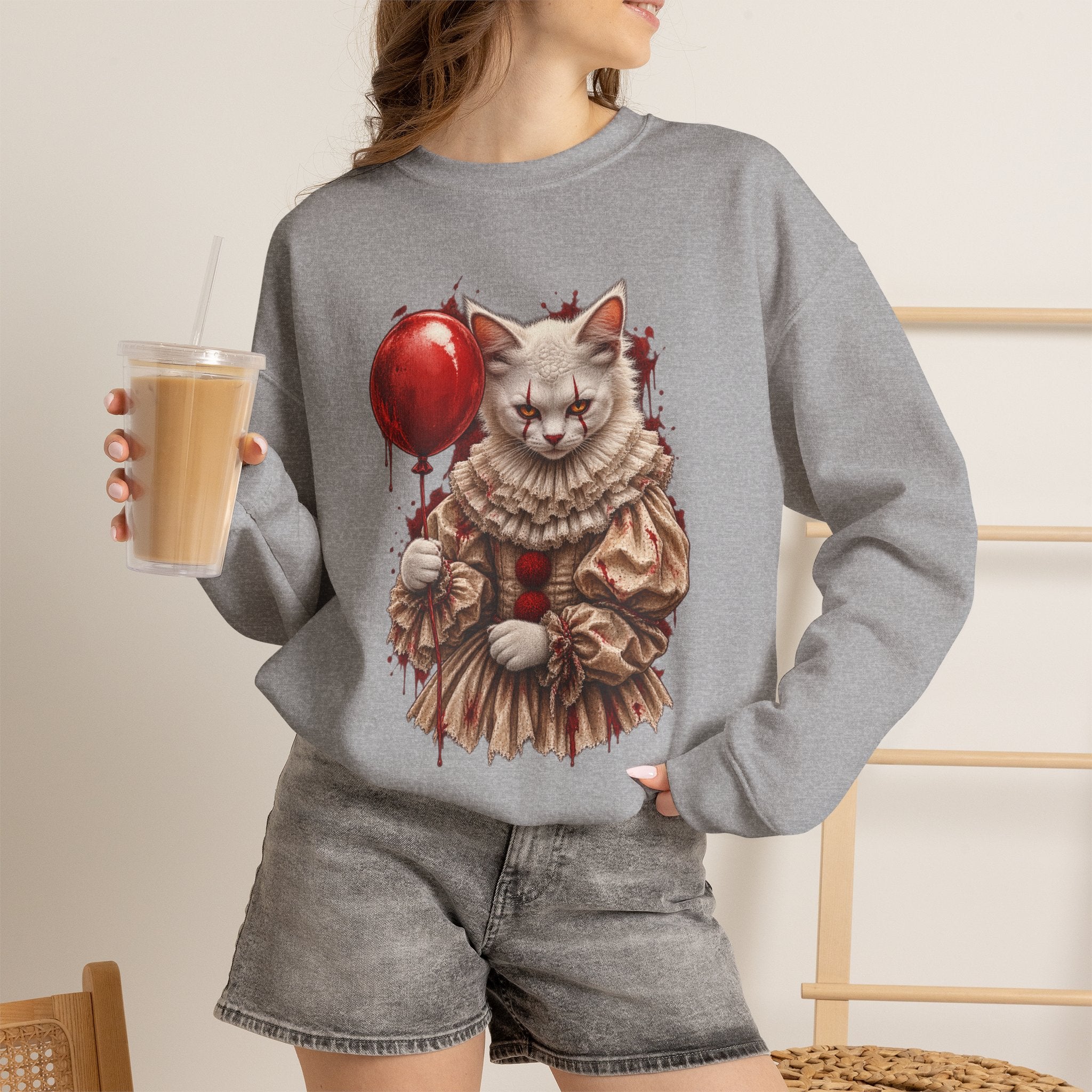 Cat Clown Crewneck Sweatshirt — Creepy Cat Holding Red Balloon Halloween Pullover