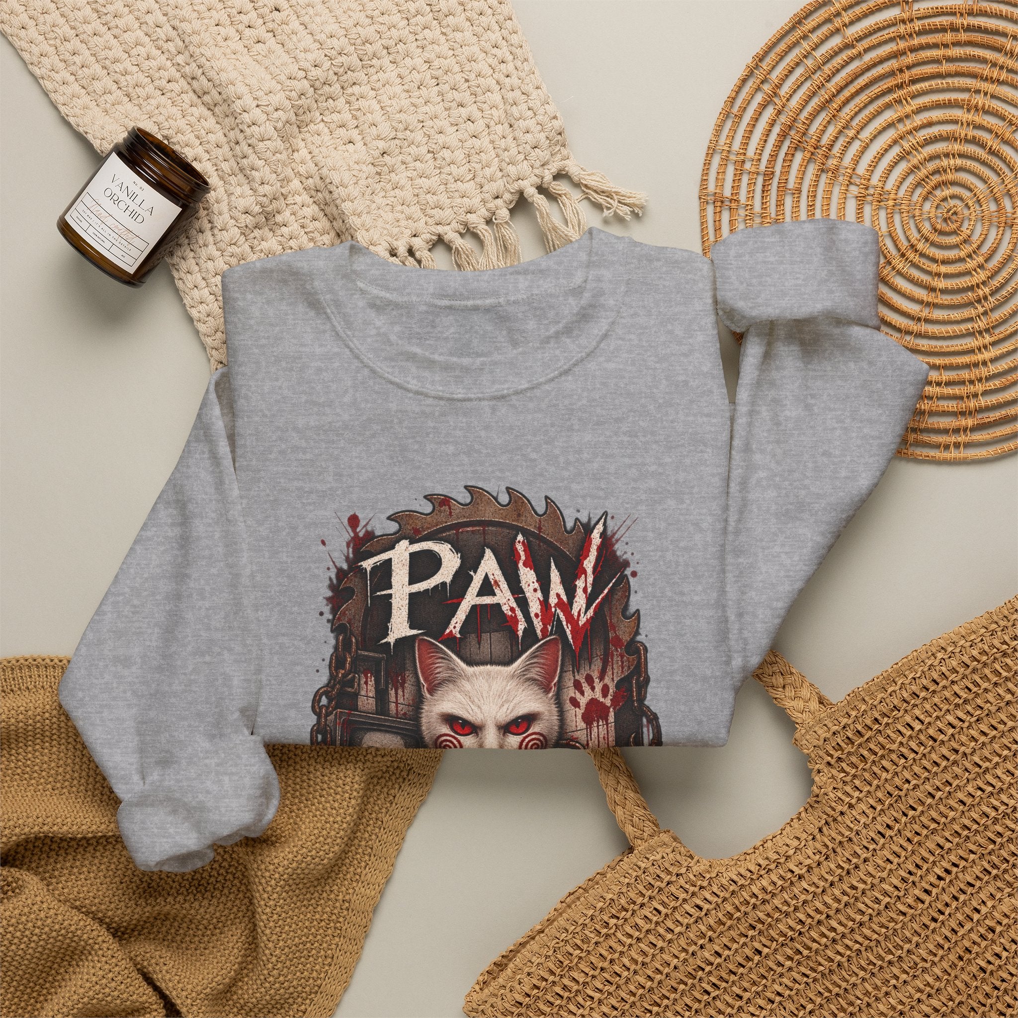 Horror Cat Crewneck Sweatshirt — "Paw" Gothic Killer Cat Graphic