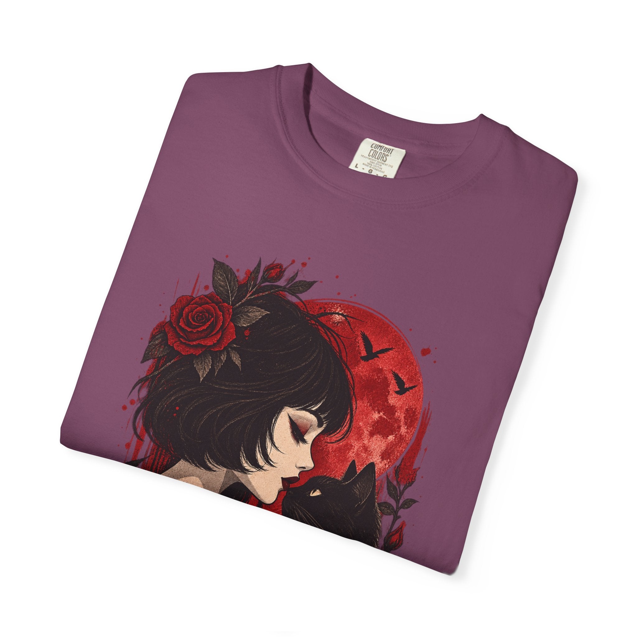 Gothic Girl & Black Cat T‑Shirt — Red Moon Rose Illustration