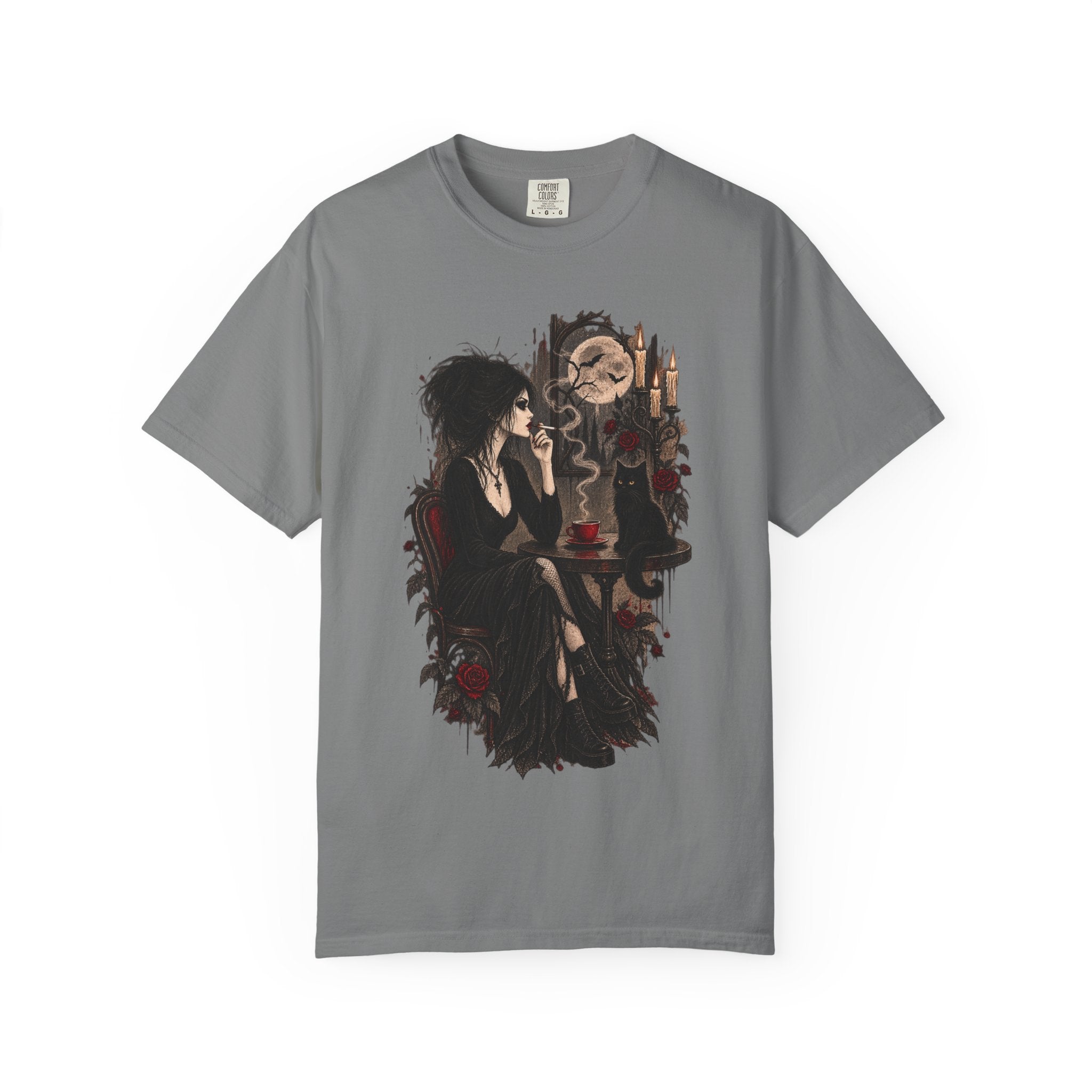 Witchy Tea Time T-Shirt — Gothic Woman with Moon & Candles Art