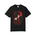 Gothic Girl & Black Cat T‑Shirt — Red Moon Rose Illustration