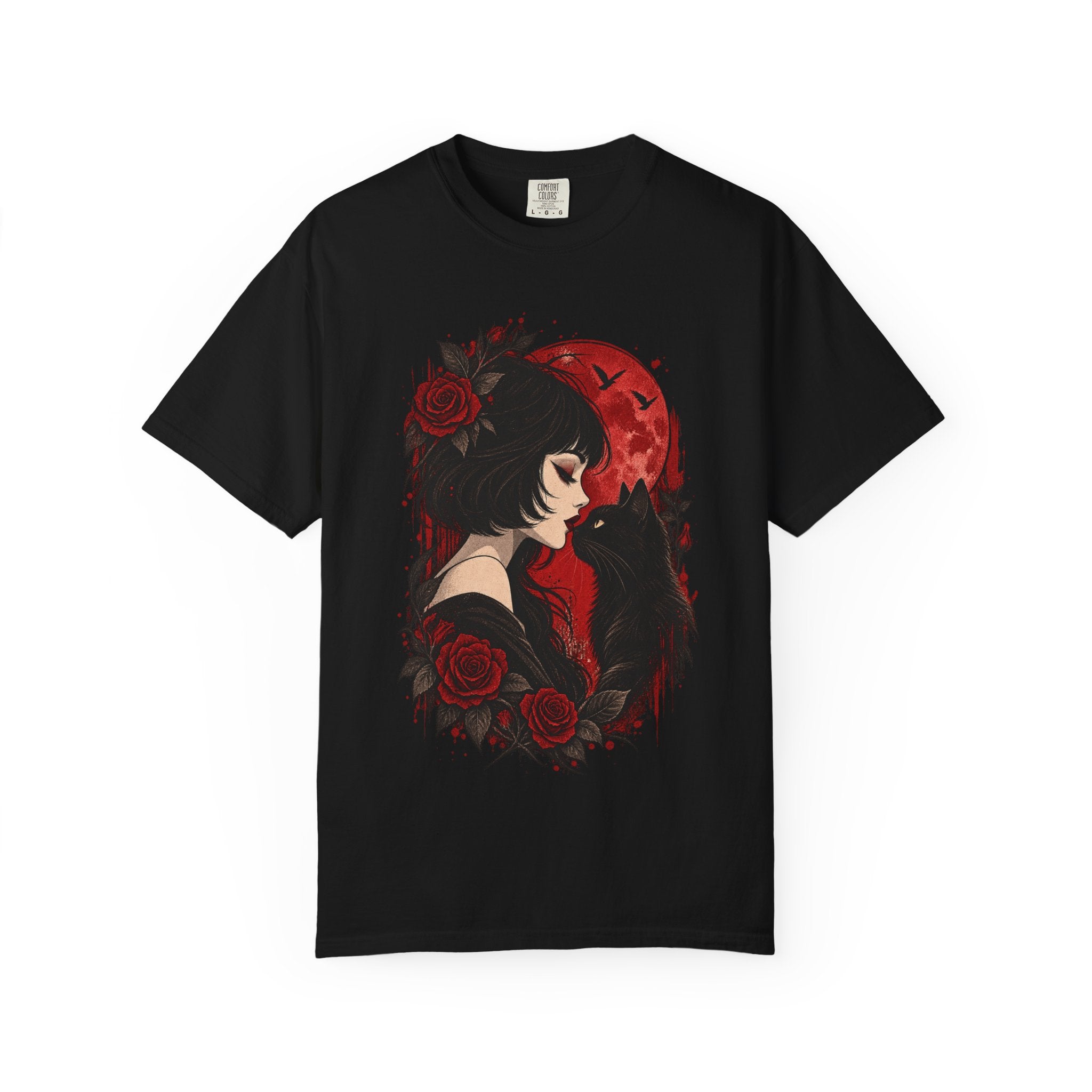 Gothic Girl & Black Cat T‑Shirt — Red Moon Rose Illustration