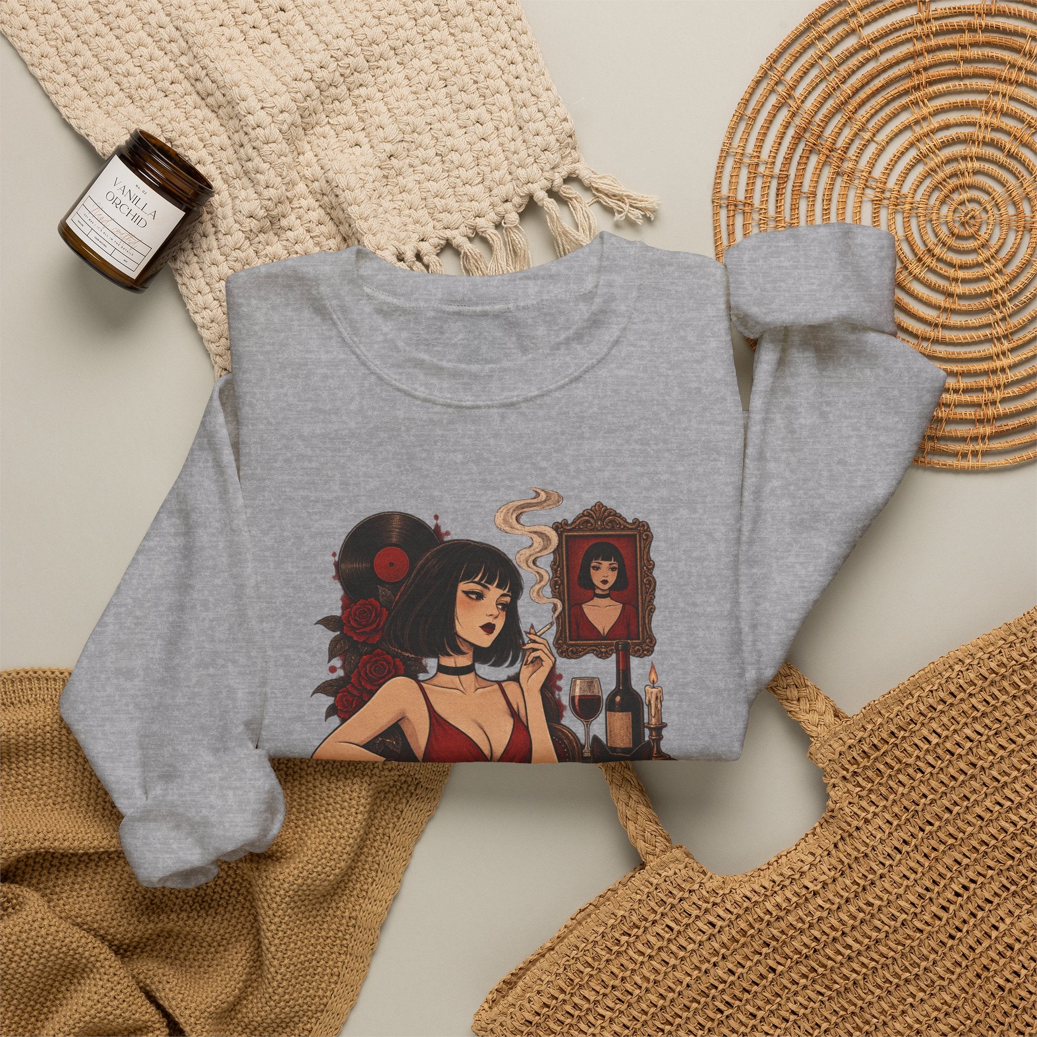 Gothic Noir Crewneck Sweatshirt — "Midnight Parlour" Retro Vampire Femme Design