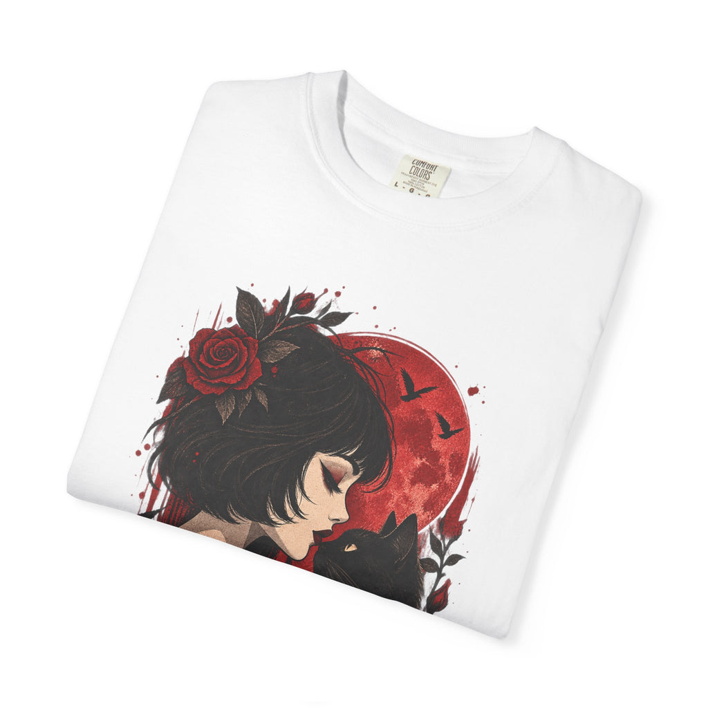 Gothic Girl & Black Cat T‑Shirt — Red Moon Rose Illustration