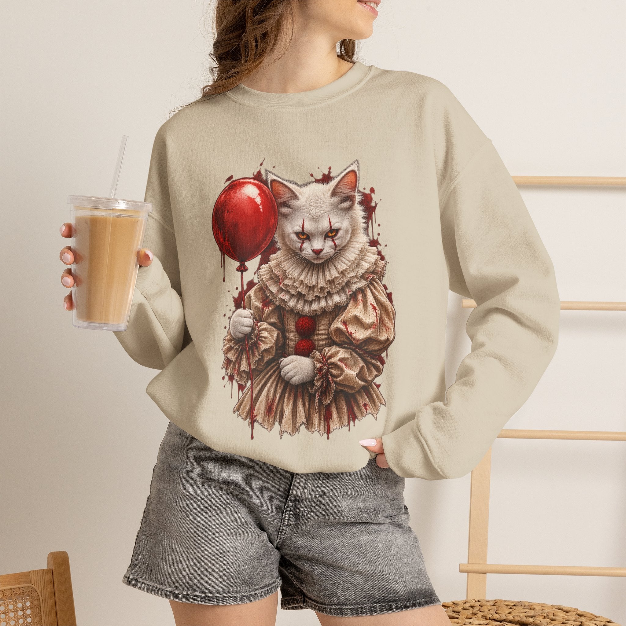 Cat Clown Crewneck Sweatshirt — Creepy Cat Holding Red Balloon Halloween Pullover