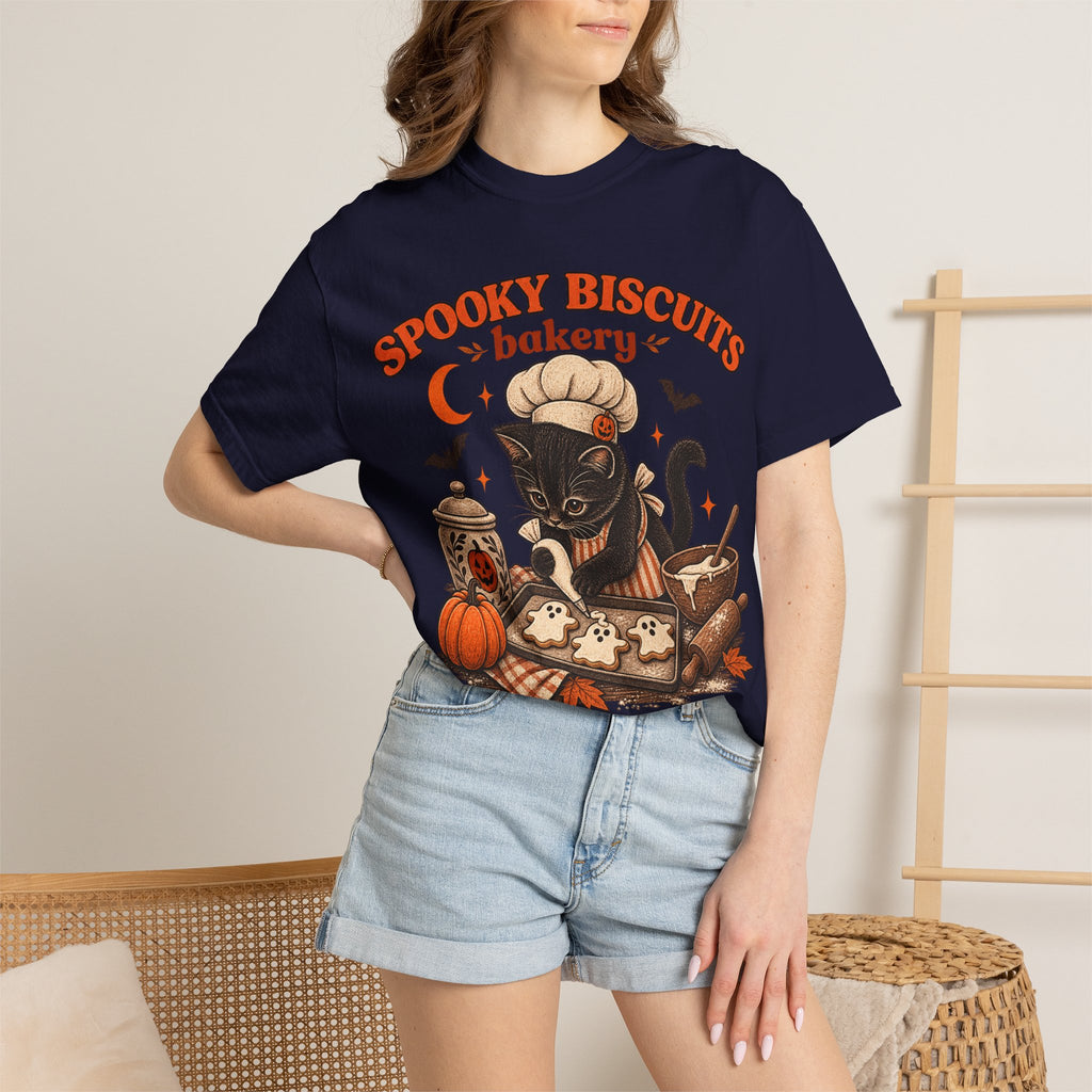 Spooky Biscuits Bakery T-Shirt — Halloween Black Cat Baking Tee (“We Knead ’Em, You Need ’Em”)