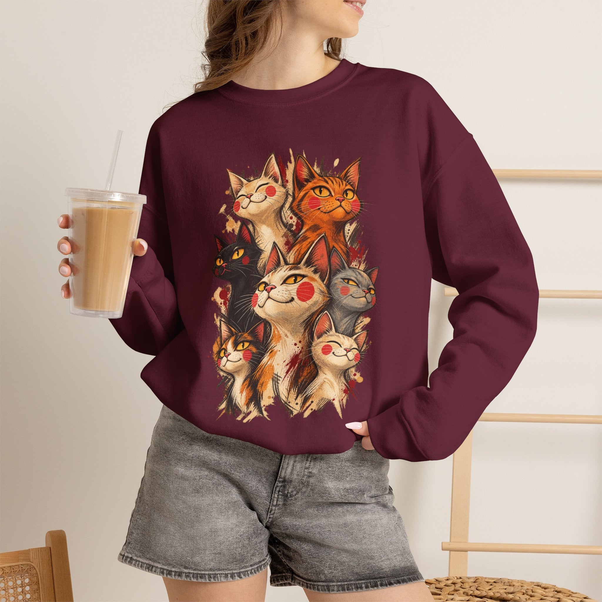 Cat Pack Crewneck Sweatshirt — Whimsical Multi-Cat Illustration