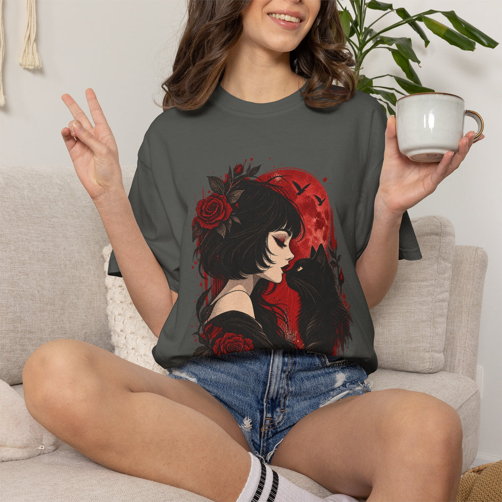 Gothic Girl & Black Cat T‑Shirt — Red Moon Rose Illustration