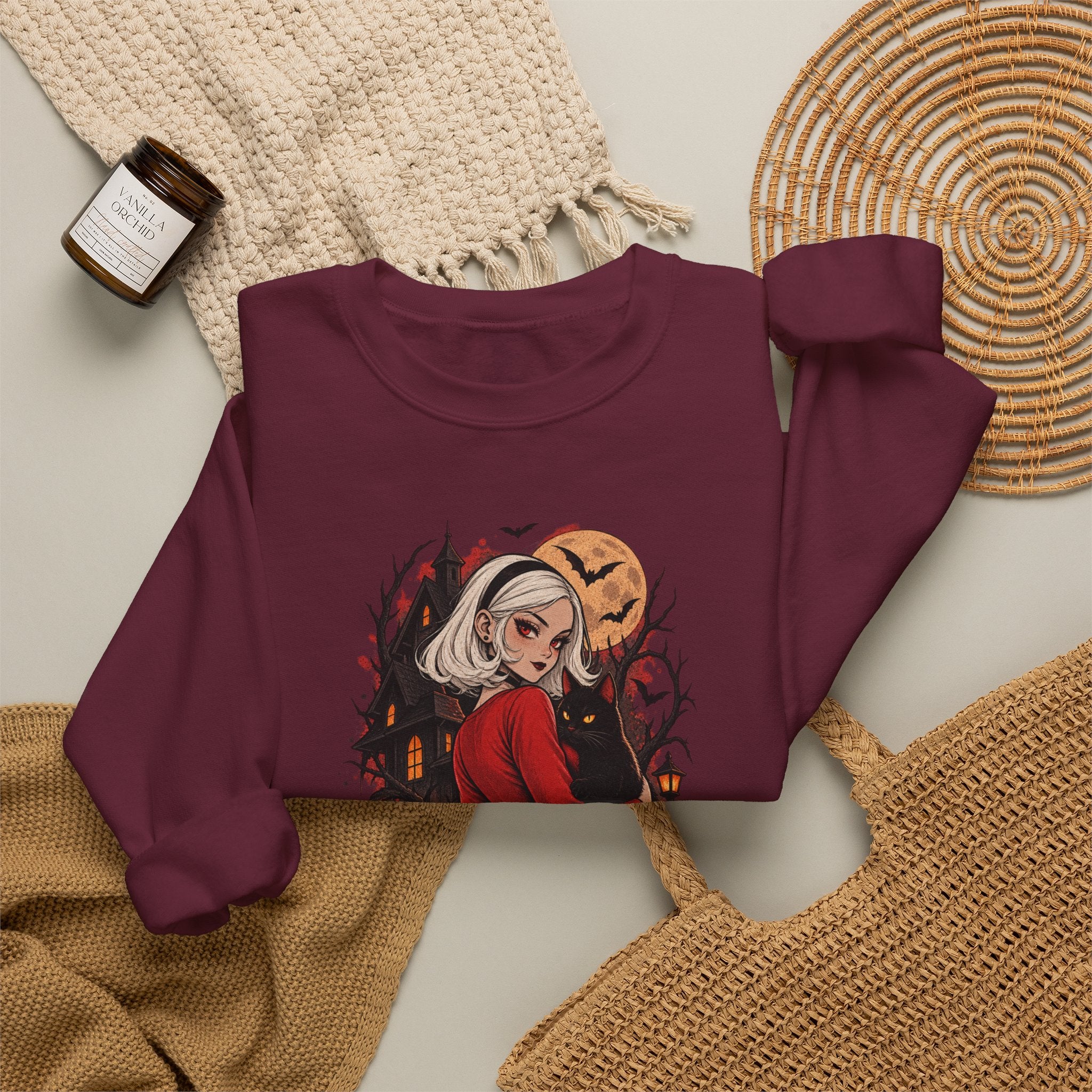 Halloween Pinup Crewneck Sweatshirt — Spooky Girl Pumpkin Design