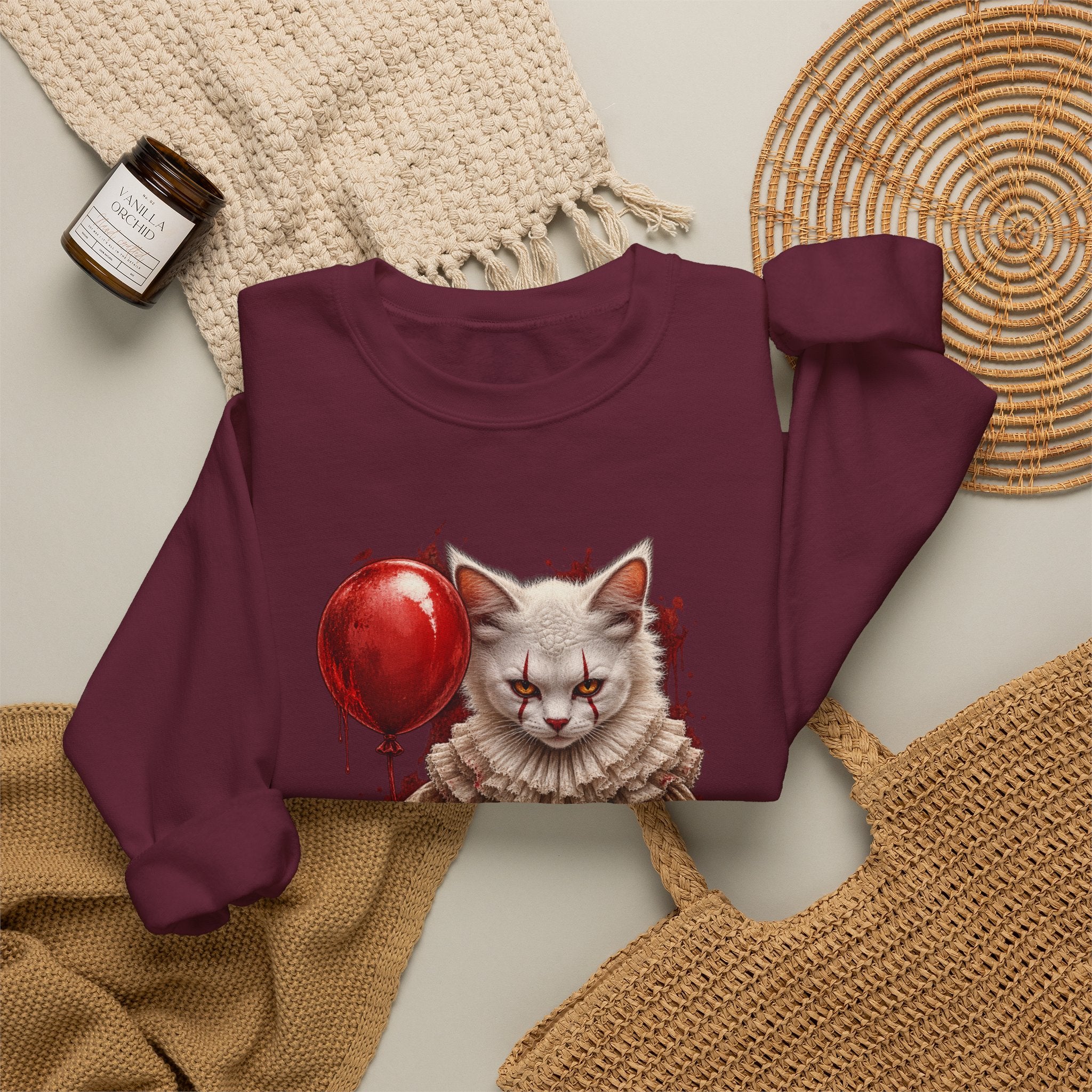 Cat Clown Crewneck Sweatshirt — Creepy Cat Holding Red Balloon Halloween Pullover